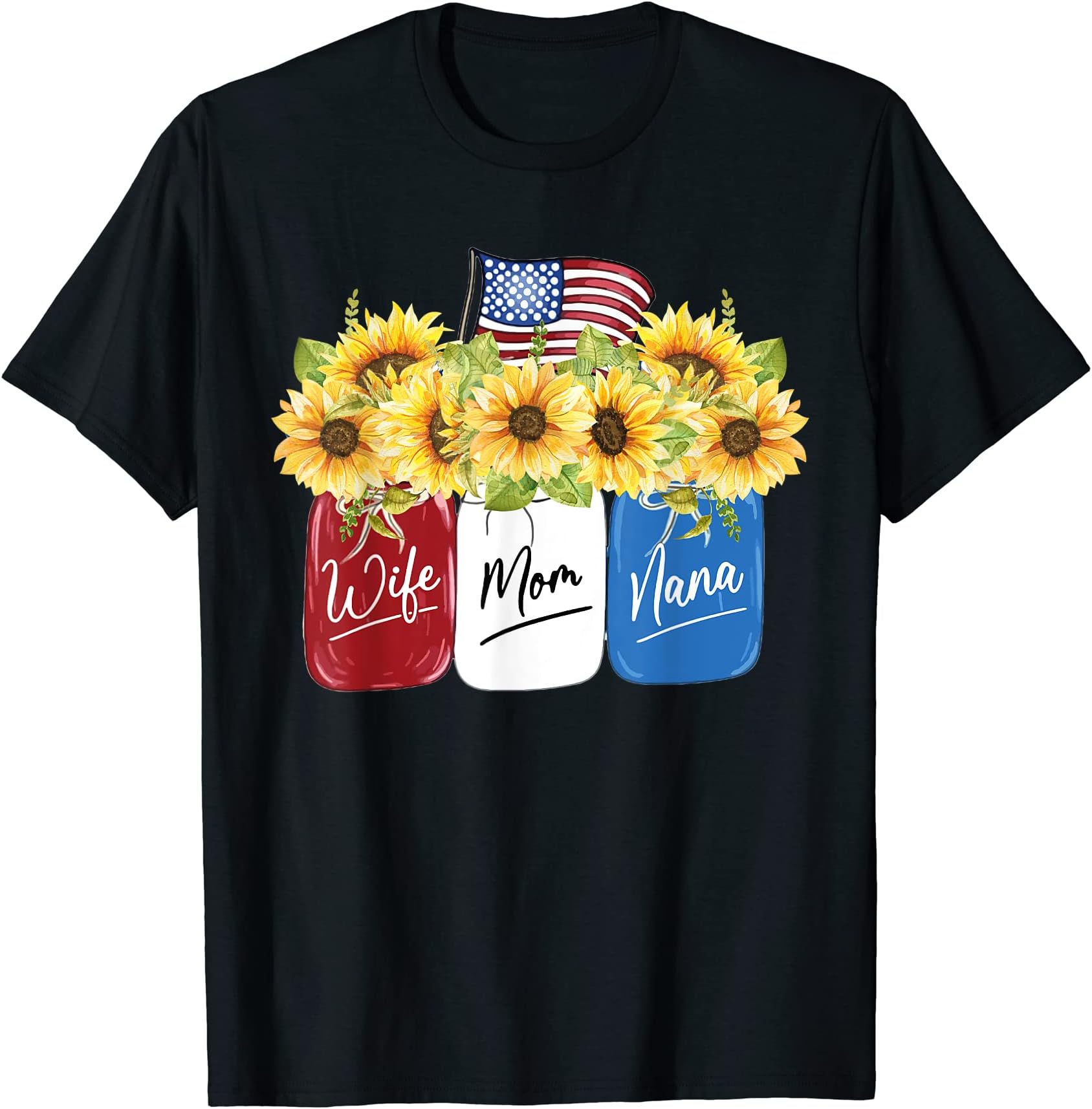 jJ4 Wife Mom Nana Sunflower with American Flag 4th of July T-Shirt