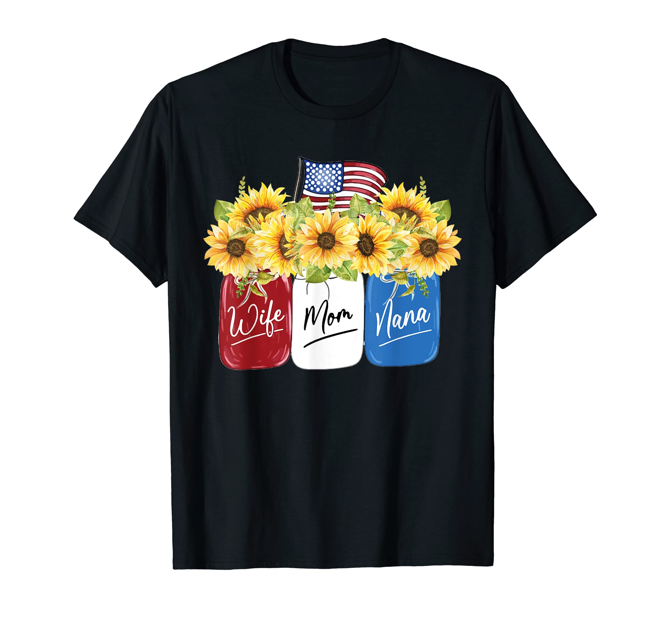 jJ4 Wife Mom Nana Sunflower with American Flag 4th of July T-Shirt
