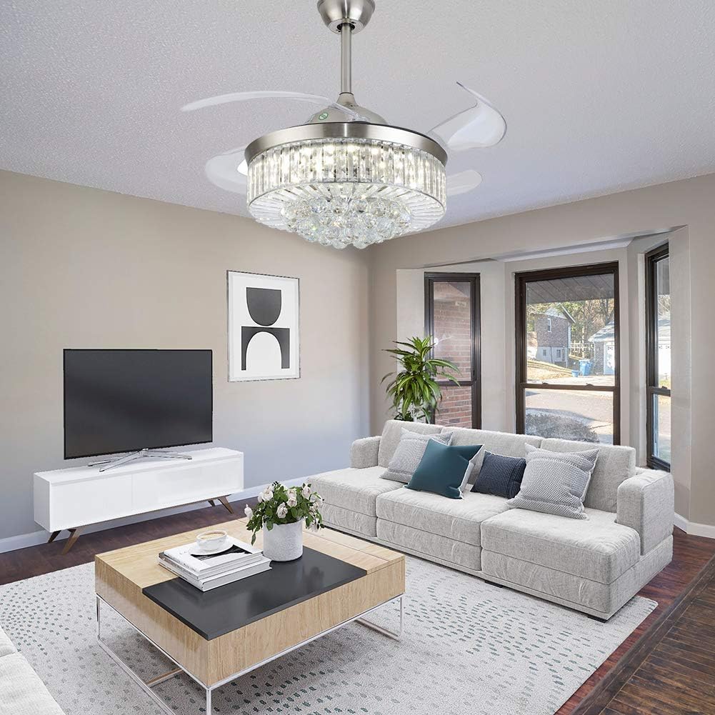 Review Product Crystal Retractable Ceiling Fans Light and Remote Invisible LED Fandelier Crystal Chandelier Fan for Living Room Dining Room Hall-Polished Chrome 42 Inches (Silver)
