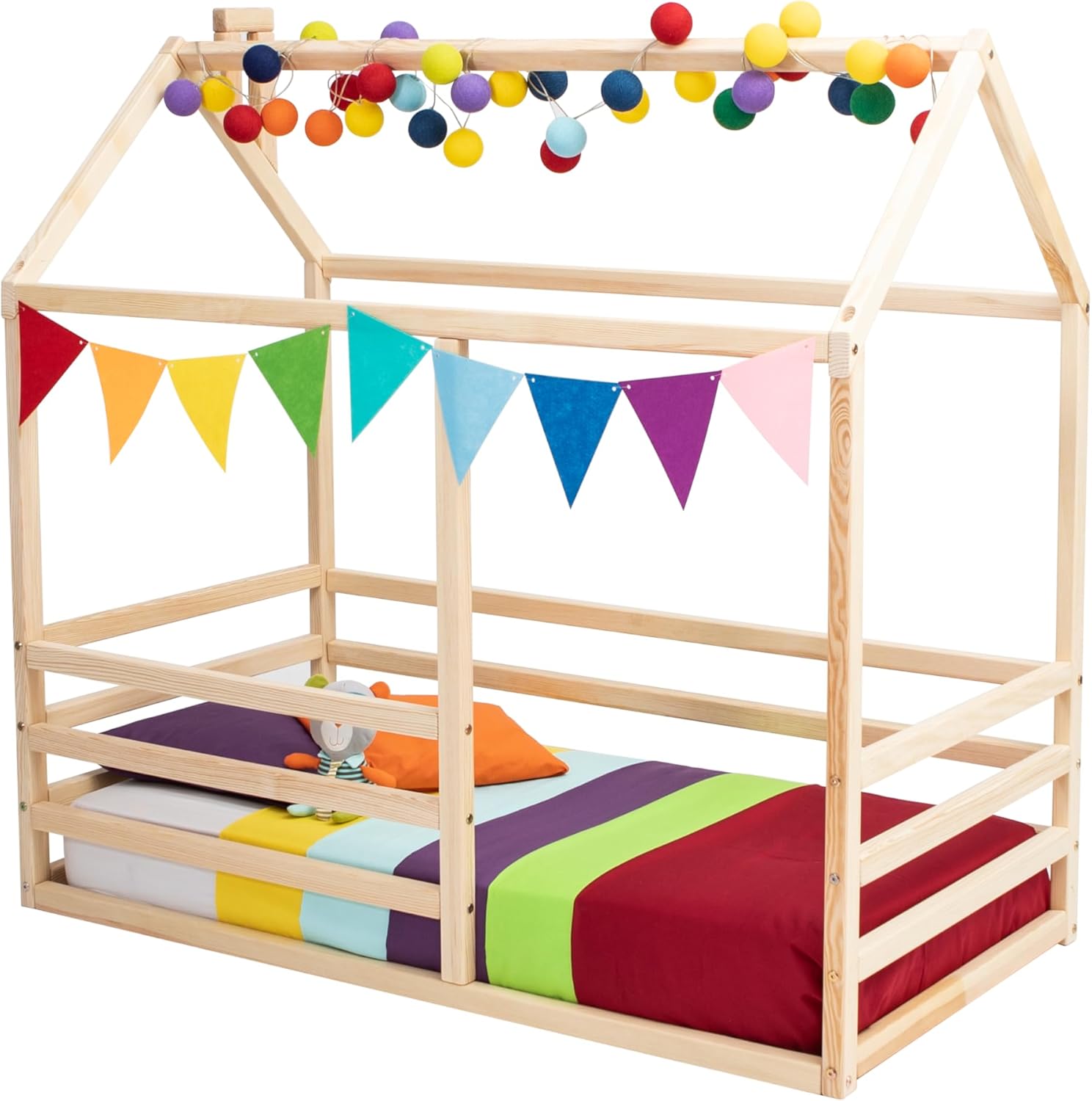 Montessori floor bed frame for kids, Toddler house bed with rails, Canopy bed for kids, Daybed for kids, Hut bed for kids - US FULL size
