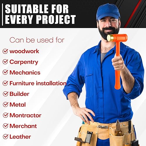 Miniatura 6 de C&T Juego de 2 martillos muertos con tapa de latón, naranja, diseño a prueba de golpes, sin martillo de rebote, agarre moldeado único, resistente a