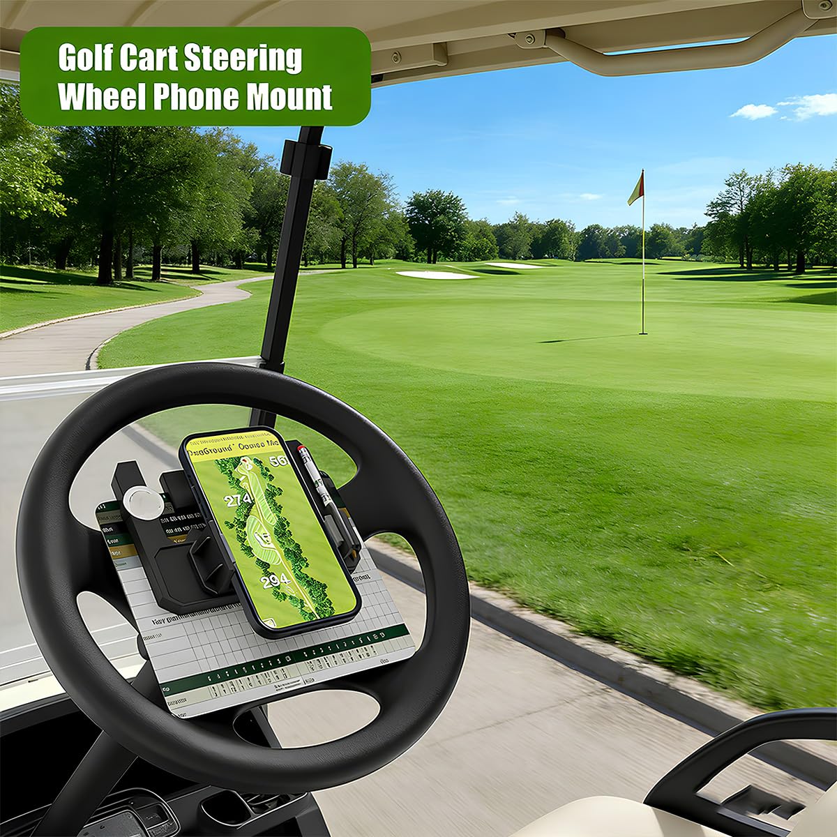 Golf Cart Steering Wheel Phone Holder, Flip Up Phone Holder with Scorecard Slot Secure Spring One‑Hand Operation Spring Quick Clamp for Club Car EZGO Yamaha — view 4