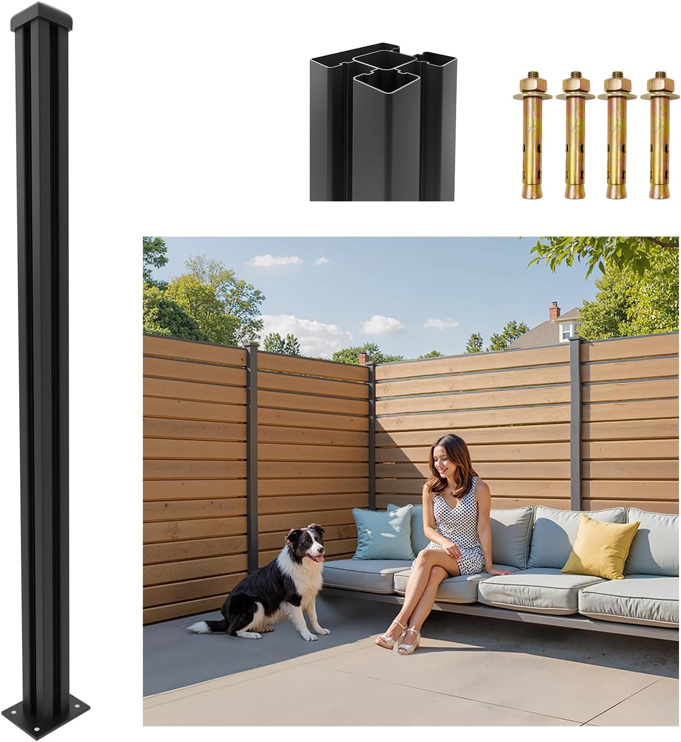 6FT Heavy Duty Aluminium Fence Post, No Dig Metal Post for Outdoor Privacy Fence Panels, Compatible with Wood Slats and Composite Boards for Patio, Backyard & Garden (2 Pack)