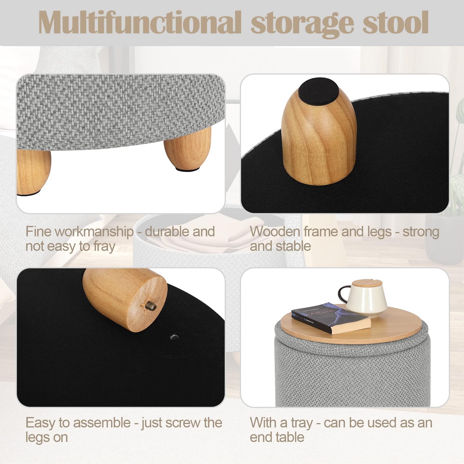 WOLTU Hocker mit Stauraum, Sitzhocker Gepolstert rund, Couchtisch mit Massivholzbeine, Fußhocker mit Deckel, Leinenbezug, Ø39x33 cm, Hellgrau
