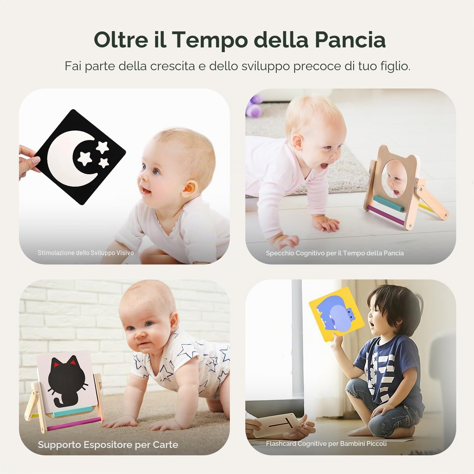 WOODEN TEETHER Specchio per Bambini - Specchio Montessori per Neonati con 120 Pagine di Carte Visivamente Stimolanti, Giocattolo in Legno per Pancia-Tempo, Giocattolo Montessori per Neonati 0 3 6 12
