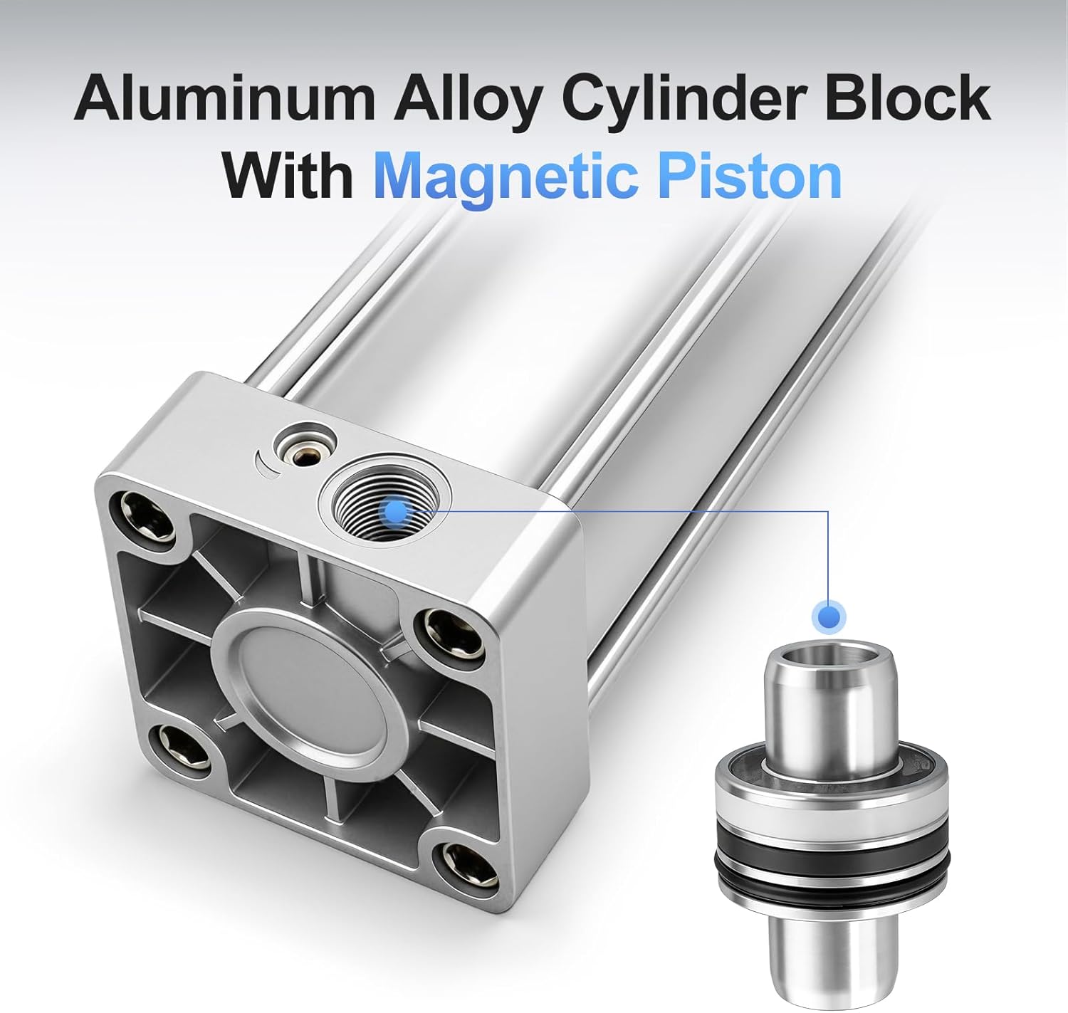 Baomain Magnetic Pneumatic Air Cylinder SC-S 63 x 500, PT 3/8, 2-1/2" Bore, 19.68" Stroke, Single Rod Double Acting, M16x1.5 Threaded Rod, with 2X Push-in Fittings