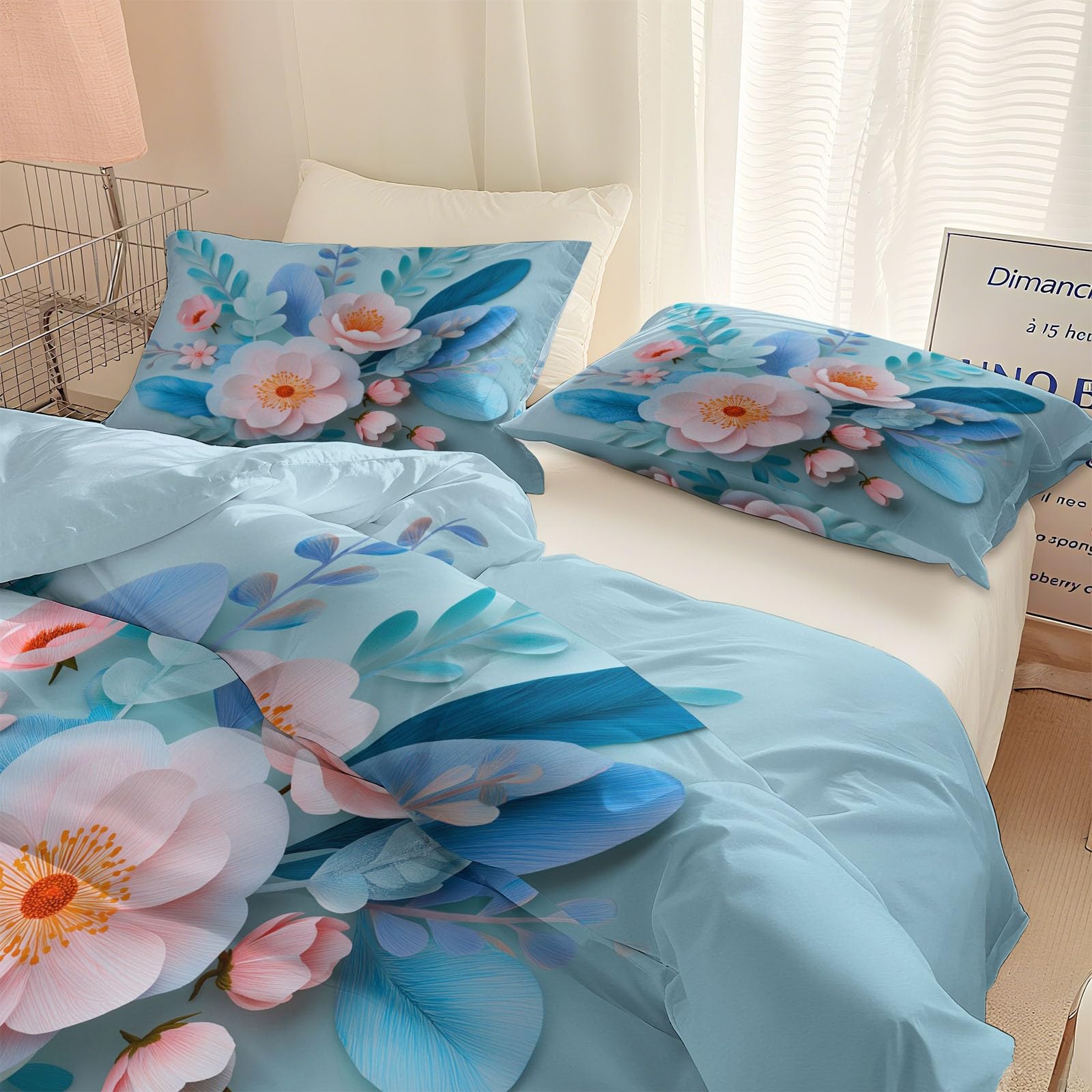 Housse de couette 240x260 fleurs bleues en microfibre avec 2 taies d'oreiller