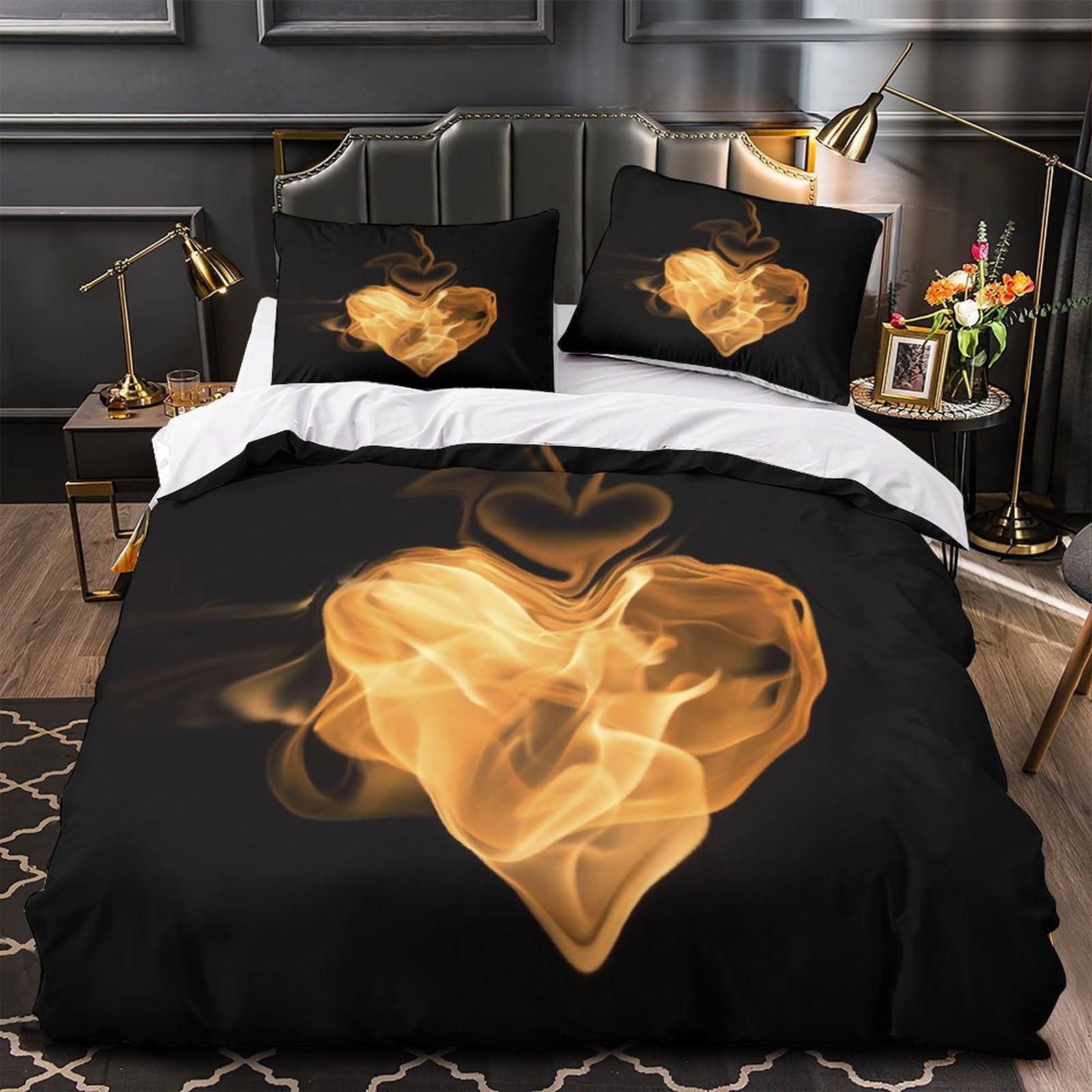 Housse de couette haut de gamme motif flamme en cœur 3D en microfibre premium