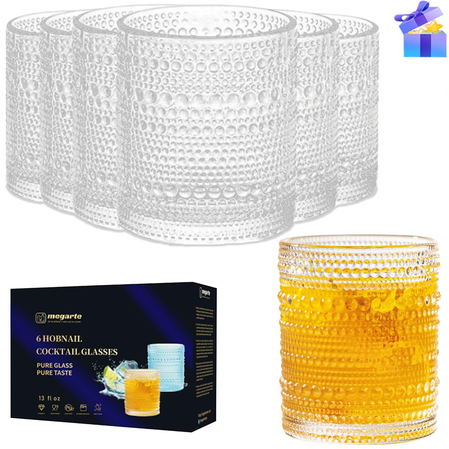 Cocktail Glasses Vintage Drinking Glasses - 12 OZ Hobnail Glassware 6 Set - Bubble Cocktail Glass Raindrops Beaded Glassware Romantic Water Glasses Suit for Cocktail Whiskey Juice