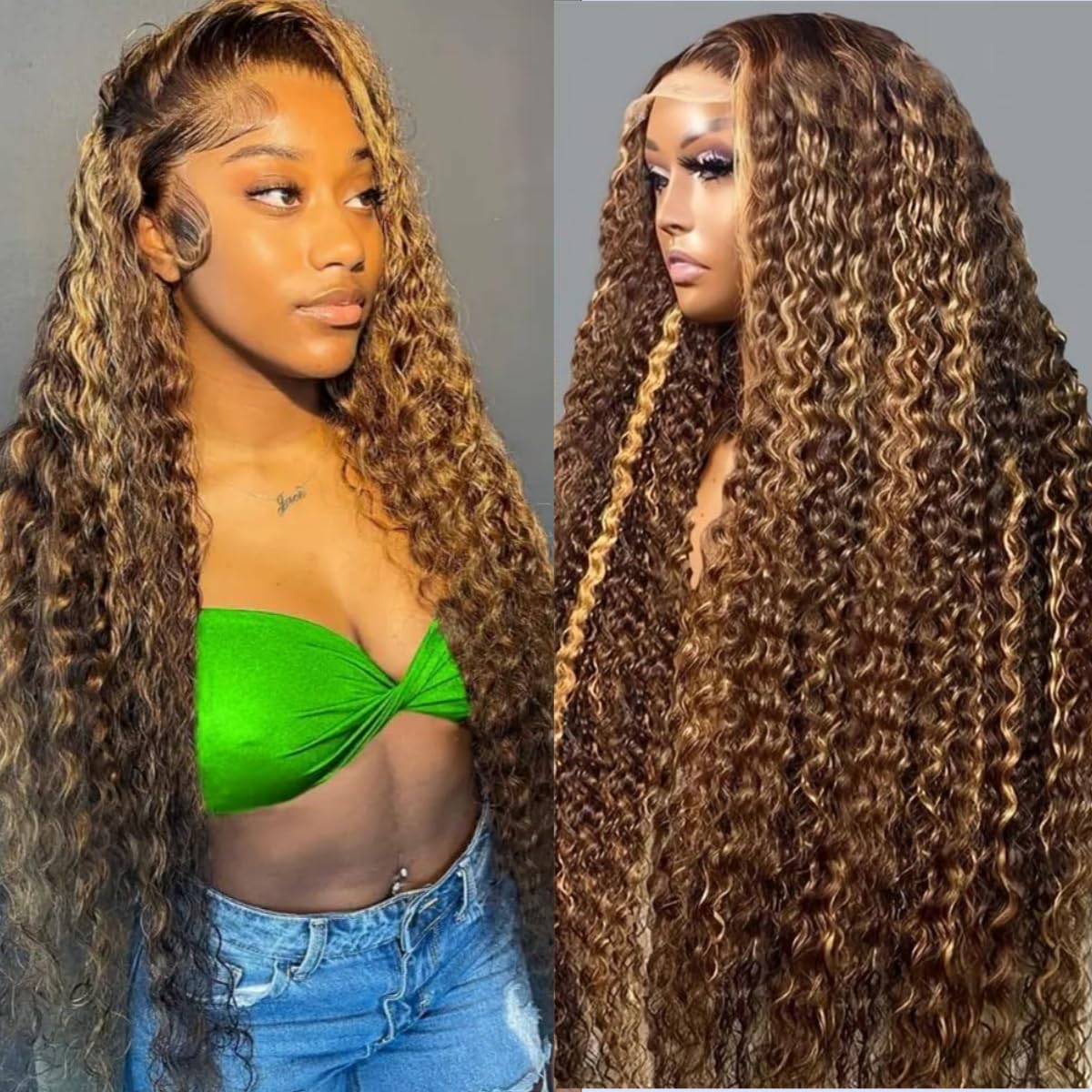 Highlight Ombre Lace Front Wig Human Hair 13x6 Honey Blonde Deep Wave Wig 4/27 Curly Human Hair Wig for Black Women 200% Density Glueless Wigs Human Hair Pre Plucked