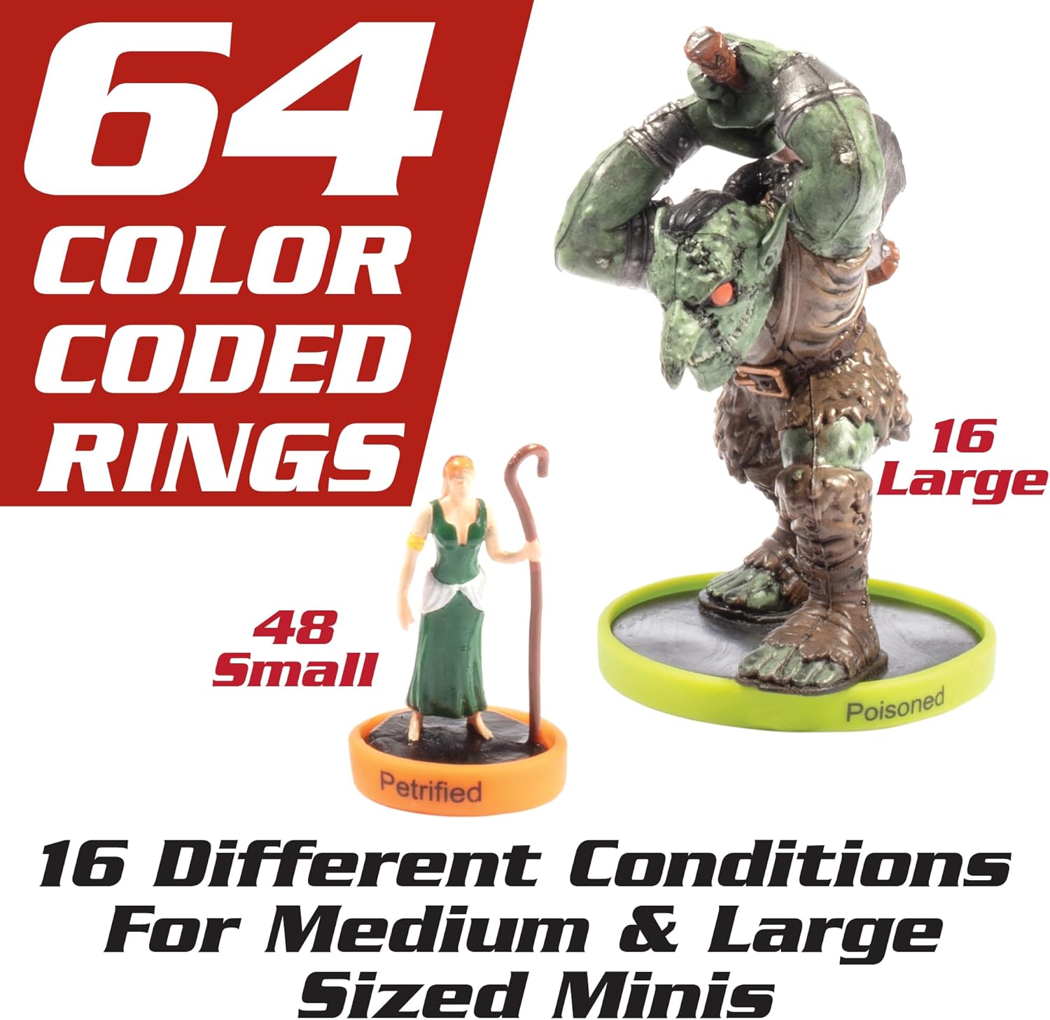 Deluxe Condition Rings w Wooden Case (64 Rings for Standard & Large) - 16 Conditions, DND Flexible Design- Easy Affix Base Slides Under Figure- Works with Dungeons Dragons, Pathfinder & All RPG Games