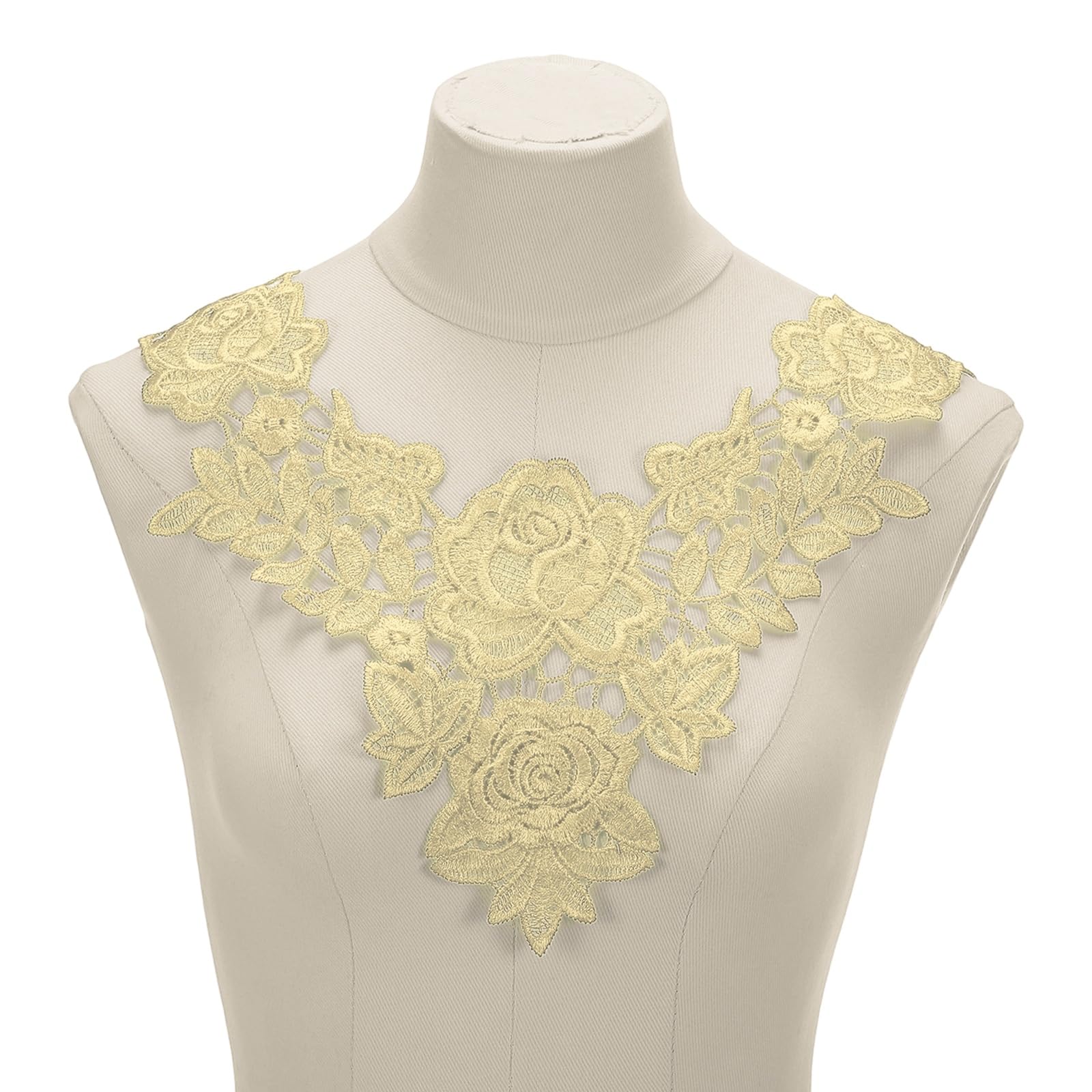 sourcing map 2 Pcs Lace Applique, 12.6" Lace Collar Floral Applique Sew on Embroidery Trim Neckline for Sewing Accessories DIY Craft Fabric Patches Wedding Dress Decoration, Beige