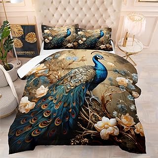 CCoutueChen Gilrs Peacock Comforter Floral Birds Bed Set Full Size Teal Peacock Feather Bedding Set for Gilrs Women Bird Animals Duvet Quilt Sets Blue Flower Peacock Comforter Insert (2 Pillowcases)