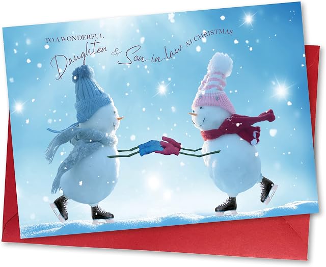 Absolutely Yours Christmas Card for Daughter & Son in Law. Skating Snowmen Design. Ecofriendly & UK Made. Verse Inside. A5 (210x148mm) card size