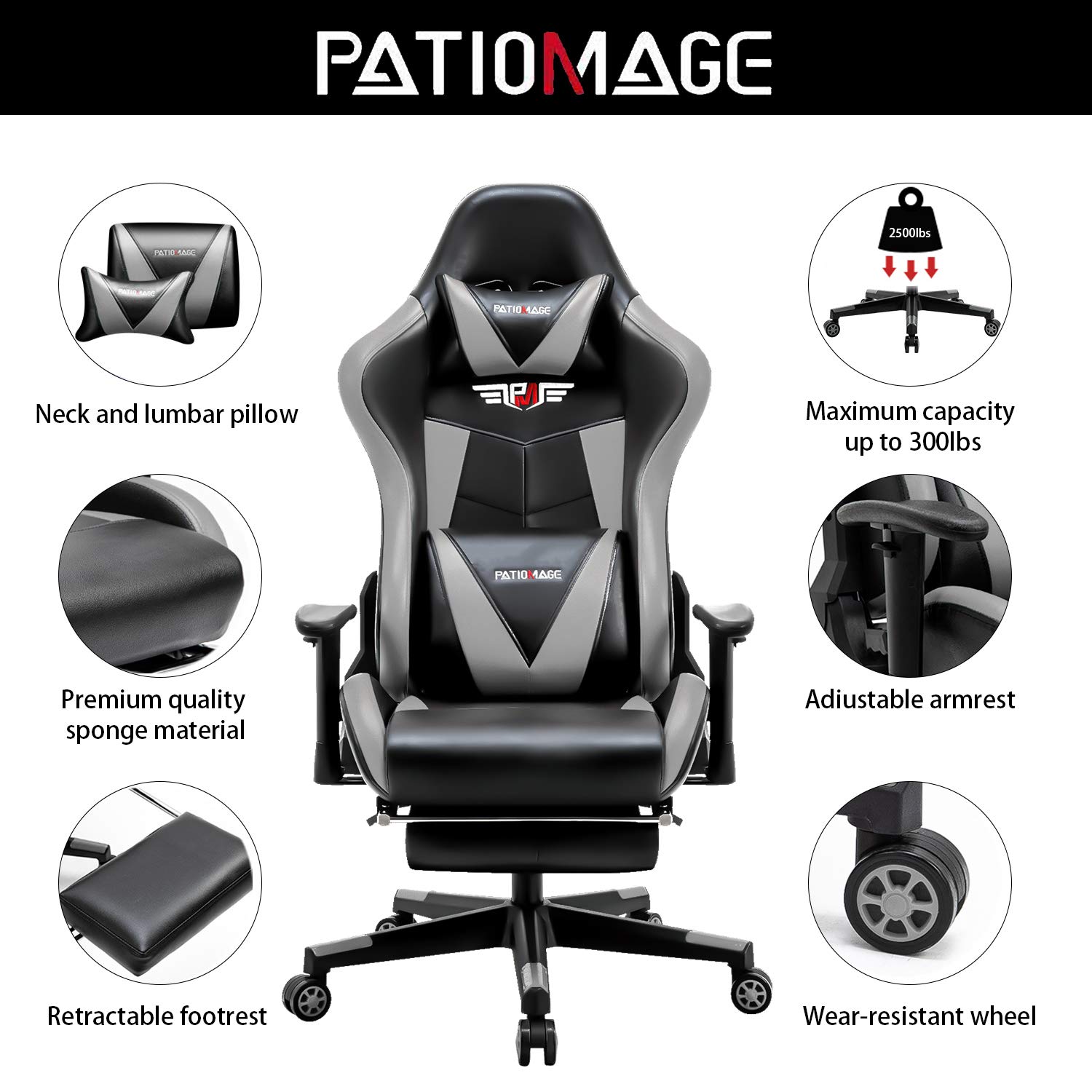 PatioMage Gaming Chair with Footrest Ergonomic Office Chair Headrest