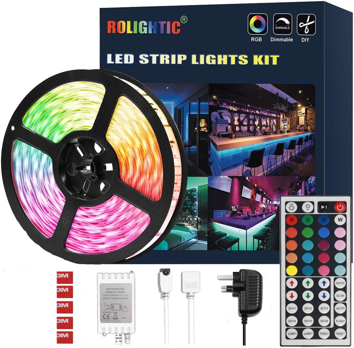 RoLightic 5M Waterproof Led Strip Light, Multi-Color,SMD 5050 150LEDs Color Changing Flexible Led Strip Kit with 44 key Remote Controller + Power Adapter for Home Kitchen Cabinet Car TV Lighting Decoration