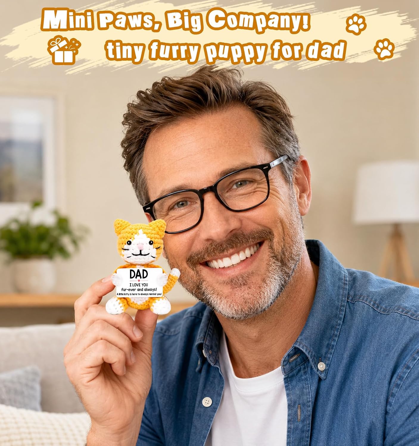 Funny Cat Fathers Day Dad Gifts from Daughter Son, New Bonus Step Dad Daddy Father in Law Father’s Day Birthday Gifts Ideas, Daddy Presents Cute Cool Stuff Things, Small Happy Crochet Cat