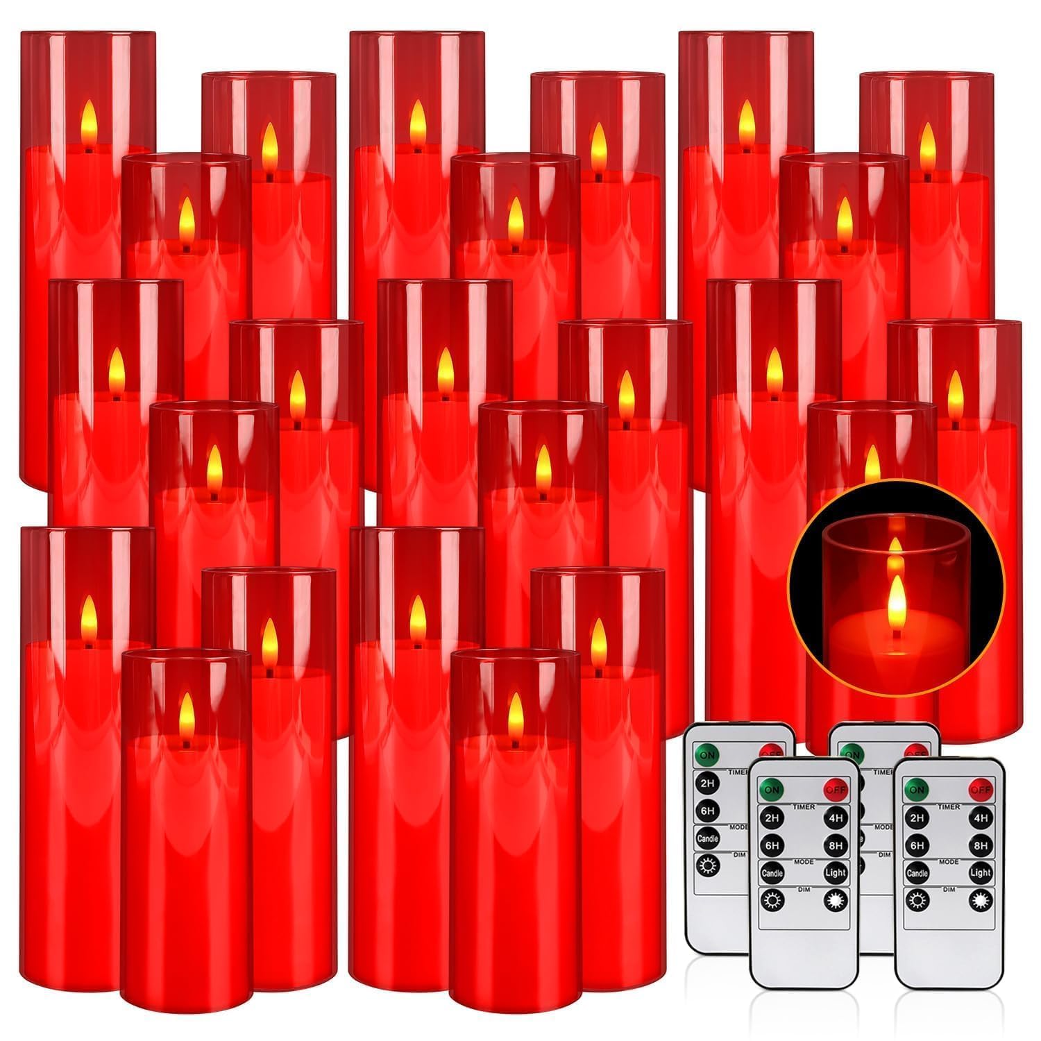Lot de 24 bougies LED sans flamme en acrylique rouge avec télécommande – Bougies réalistes à piles vacillantes pour Noël, Halloween, décoration d'intérieur, mariages et fêtes.