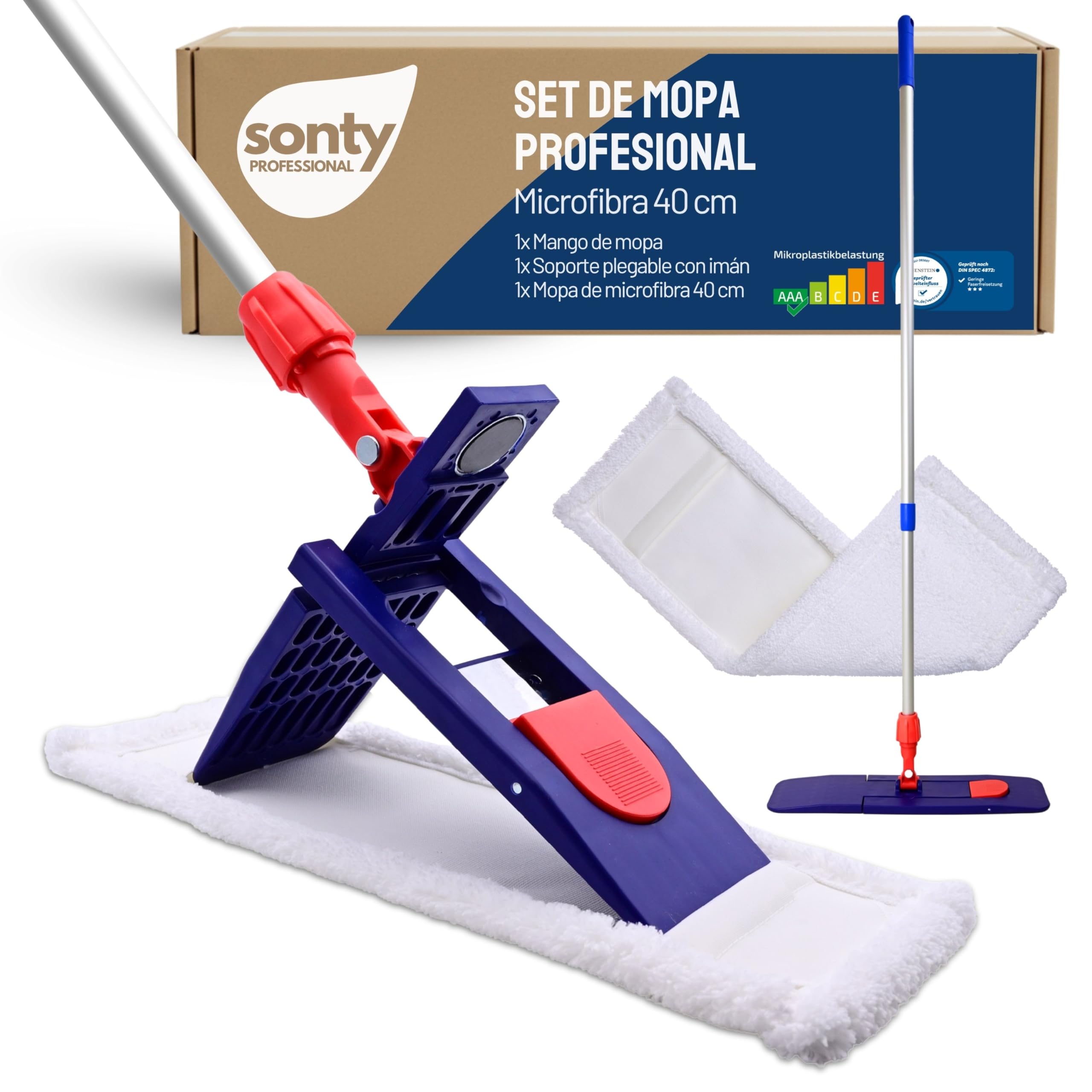 SONTY Mopa Profesional 40 cm – Mopa con Soporte magnético, bayeta Microfibra 40 cm & Mango telescópico de Aluminio | para Limpieza Profesional, hostelería, hogar y Suelos Duros