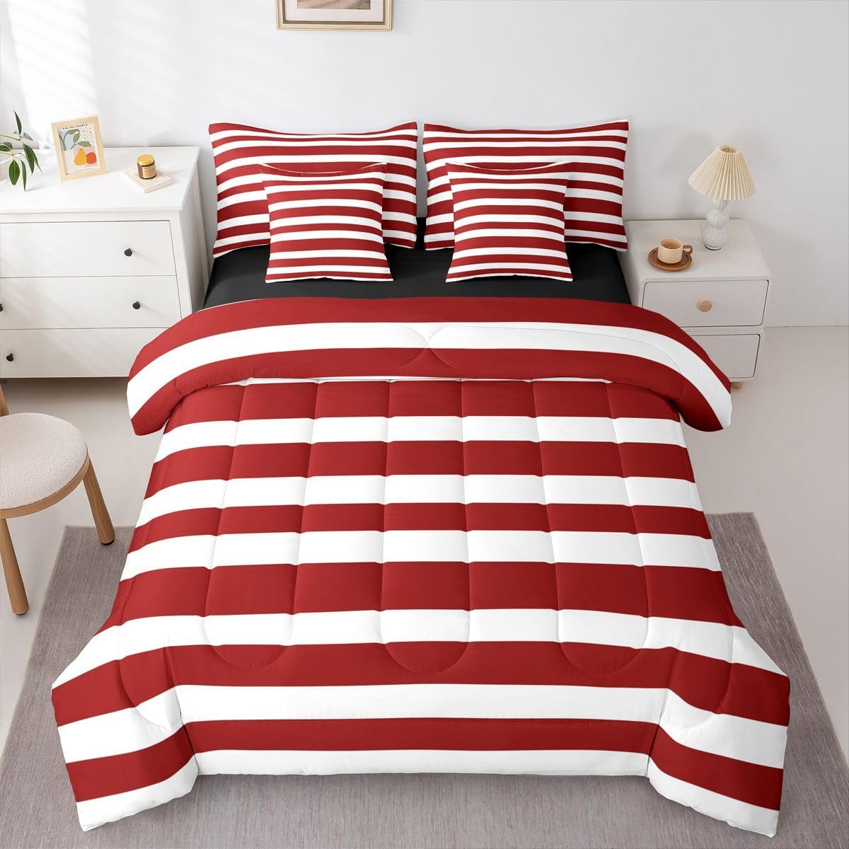 Erosebridal Red and White Striped Queen Comforter Set for Kids Teens Adults - Abstract Lines Stripes Vintage Striped Pattern 7-Piece Bedding Set Neutral Horizontal Stripes Quilt Duvet Sets