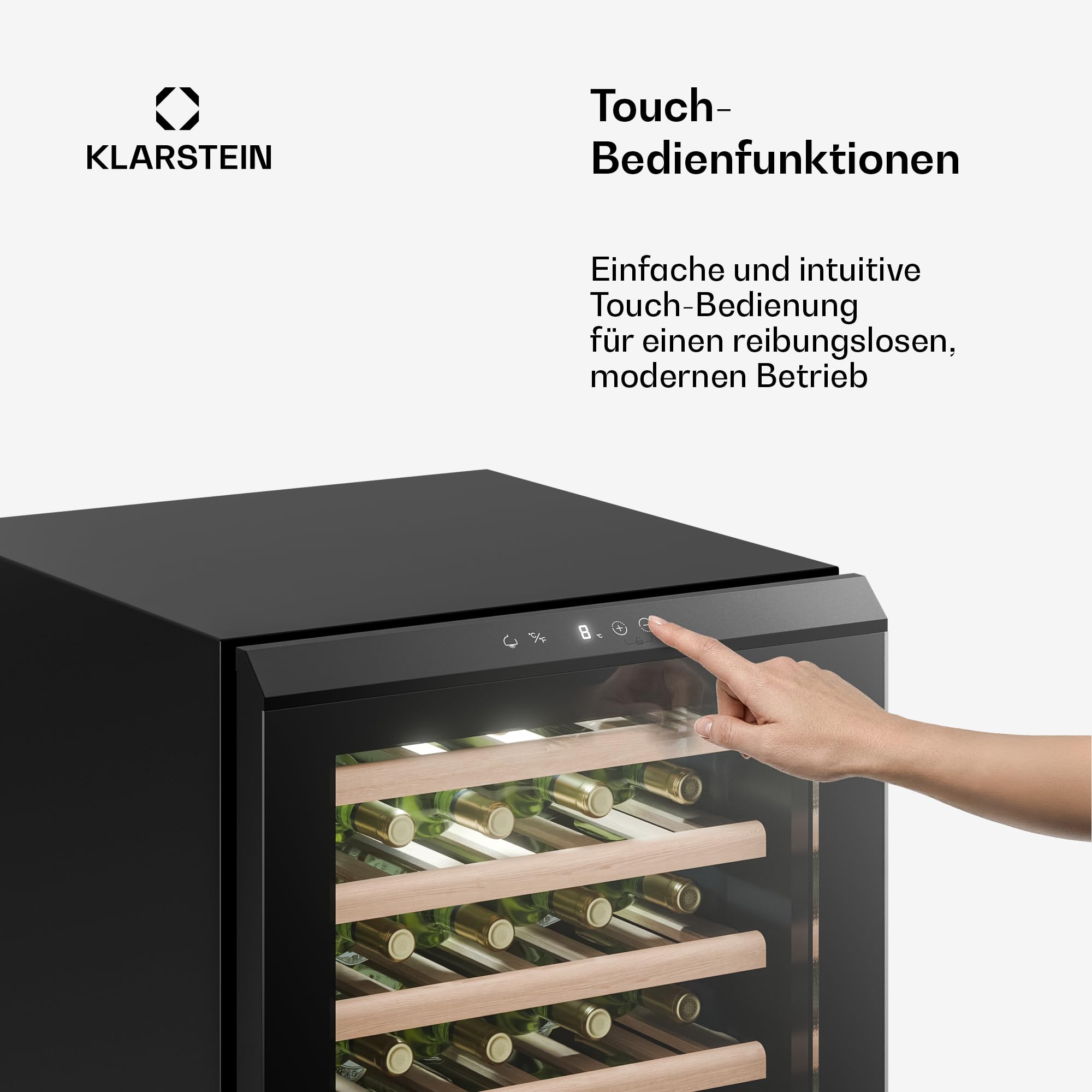 Klarstein Bevora Weinkühlschrank 48 Flaschen – Freistehender Weinkühlschrank, Touch-Bedienfeld 4–18 °C, UV-Glastür, LED-Beleuchtung, Holzablagen