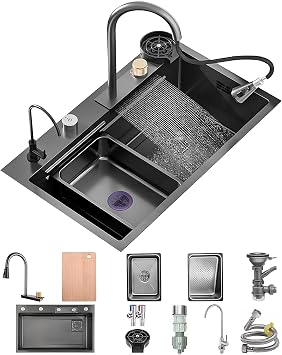 Waterfall Kitchen Sink Stainless Steel Top Mount Sink Black Nano Single Bowl Sink Multifunctional Workstation Sink with Pull-Out Faucet, Glass Cup Washer, Drain Basin, Drainage Assembly80x50x22cm