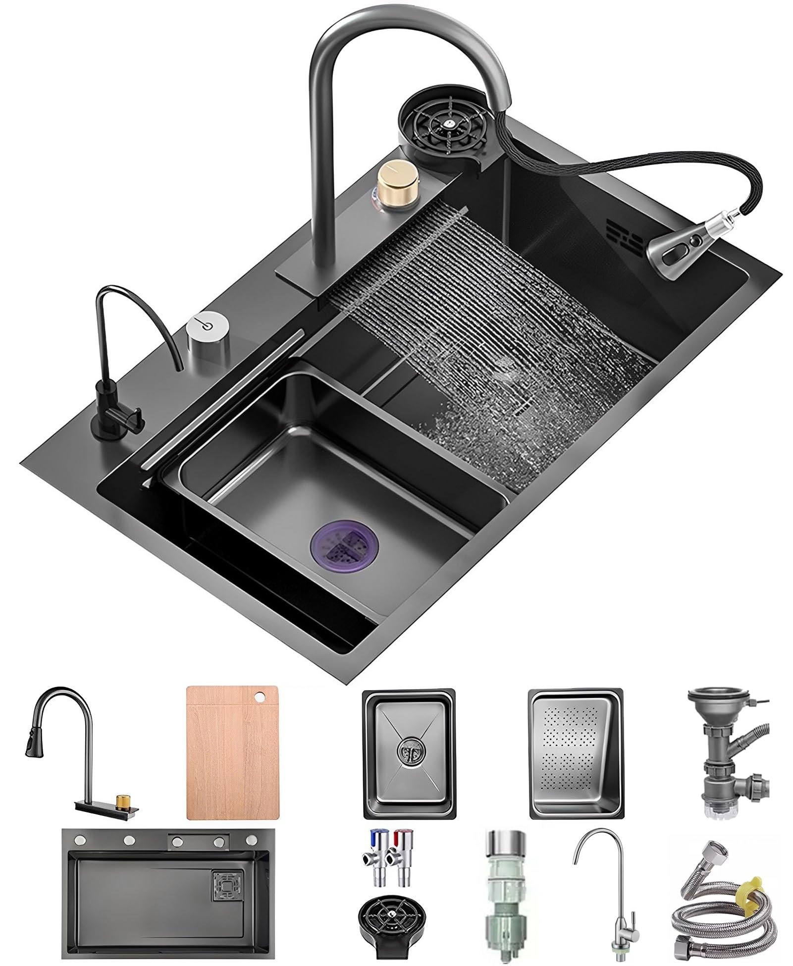 WIQUYBML Waterfall Kitchen Sink Stainless Steel Top Mount Black Nano Single Bowl Multifunctional Workstation with Pull-Out Faucet, Glass Cup Washer, Drain Basin, Drainage Assembly(75x45x22cm)
