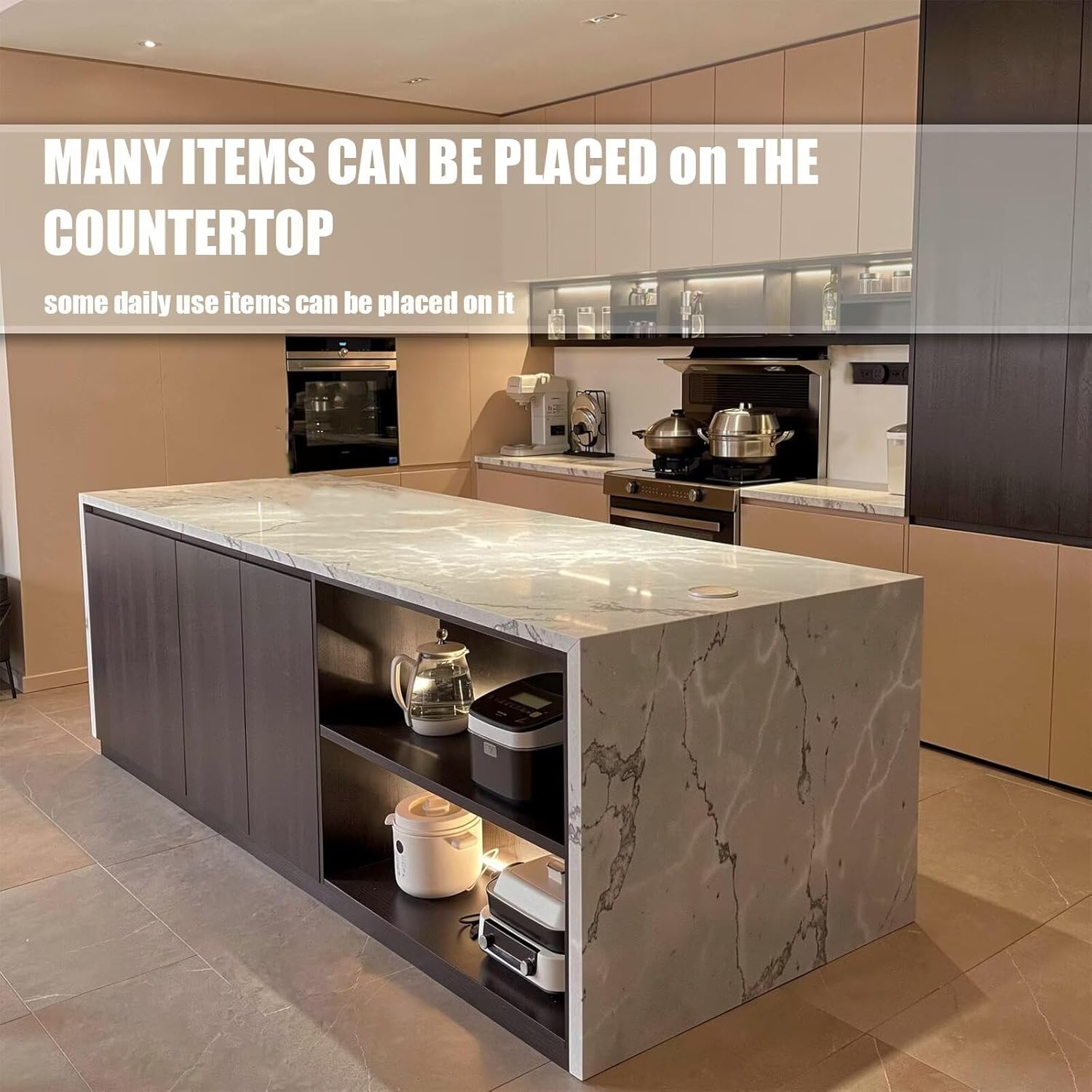 Kitchen Island with Storage - Kitchen Island Table with Quartzite-Look Countertop, Modern Dinner Table for 4 Includes Open Shelving, Sink, Side Cabinet (56IN No Chairs)