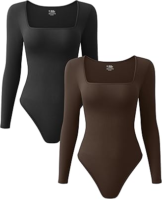 OQQ Women's 2 Piece Bodysuits Sexy Ribbed One Piece Square Neck Long Sleeve Tops