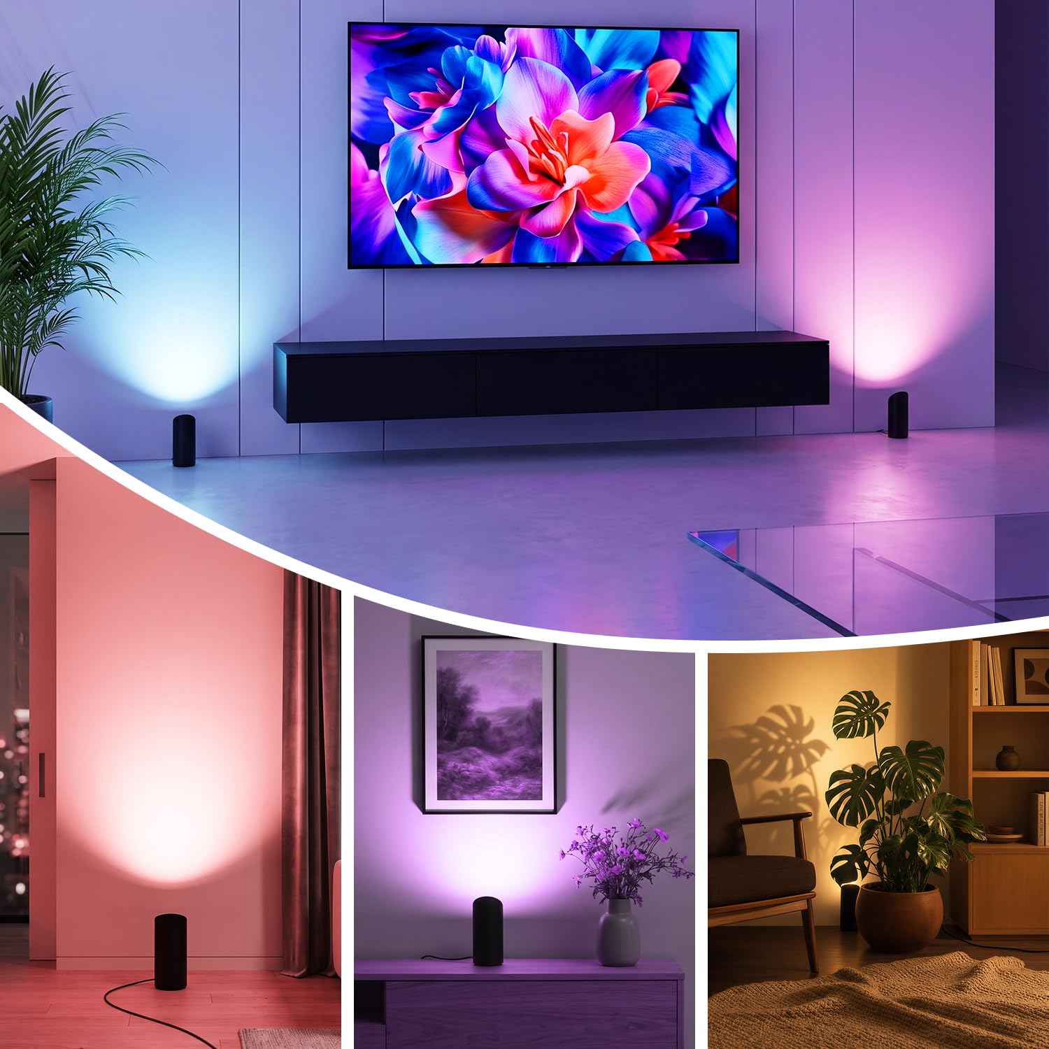8W RGBW LED Uplight Spot Regulable, Lámpara de Suelo con Mando a Distancia/Interruptor de Pie, Control mediante aplicación, Temporizador, Modo Música Para Interiores Plantas Murales, (negro, 2 Pack)
