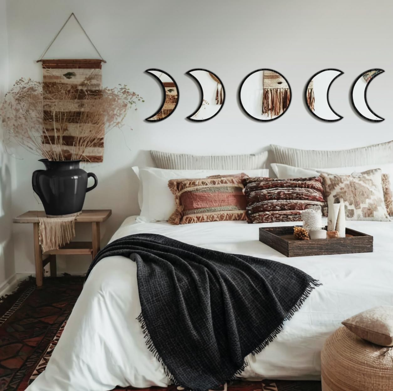 Stylowy zestaw luster ściennych z fazą księżyca, 5-częściowy, dekoracyjne, akrylowe lustra w stylu boho, do dekoracji wnętrz, salonu i sypialni, czarne
