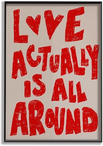 SKTBJWNYK Arte de pared de amor retro de los años 70, Love Actually Is All Around Póster retro para el Día de San Valentín, decoración de pared roja
