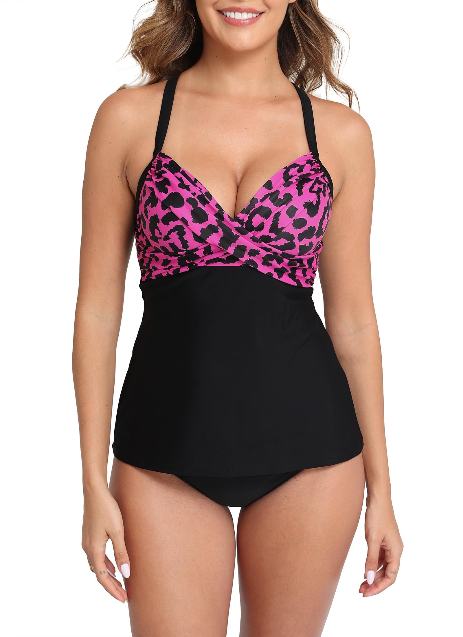 Halcurt Womens Twist Front Tankini Swim Top Only V Neck Loose Fit Bathing Suit Push Up Swimsuit Top
