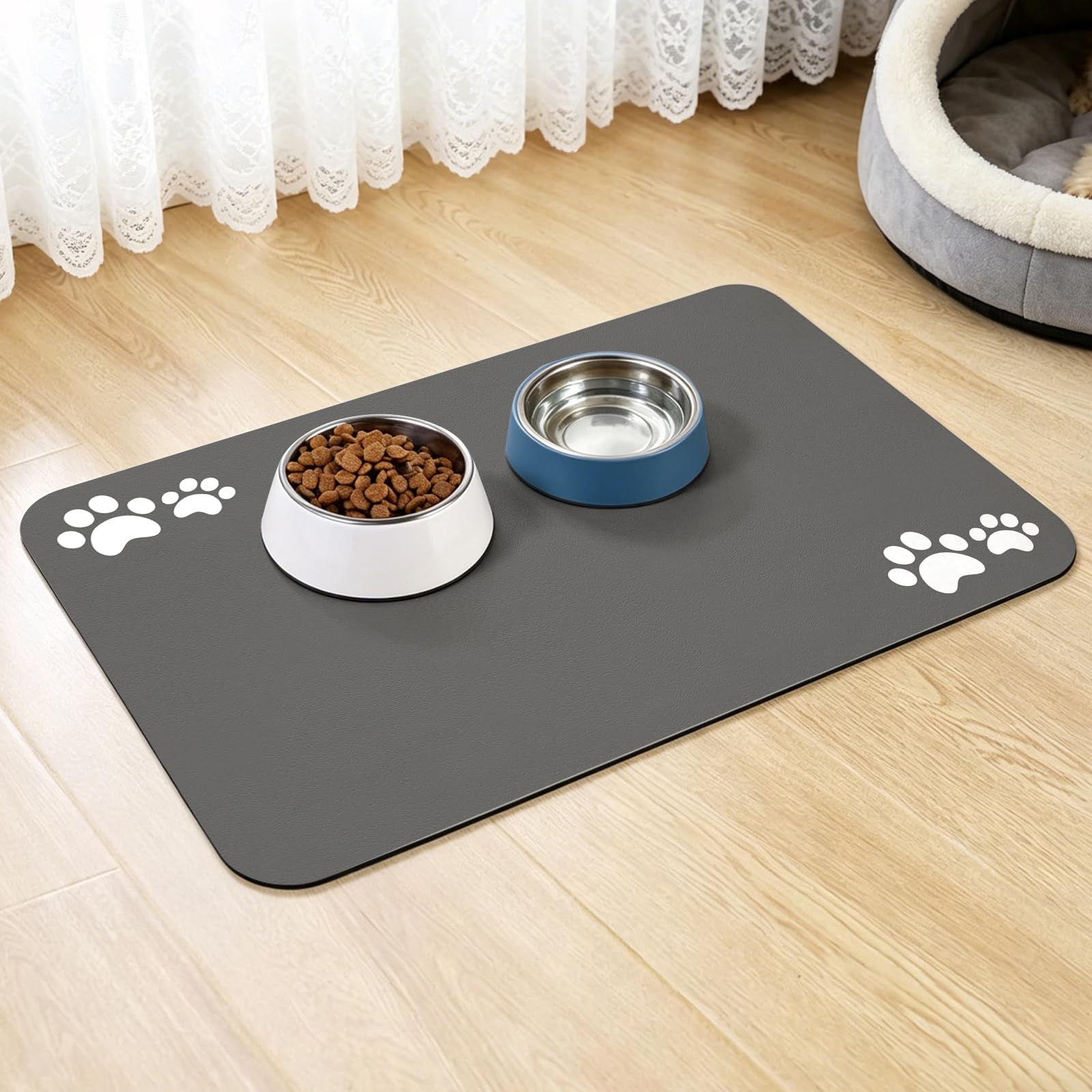 Pet Feeding Mat, Absorbent Dog Bowl Mat Pet Placemat for Food and Water Bowl, Non-Slip Dog Cat Food Bowl Mat with Rubber Backed, Quick Dry Waterproof Dog Placemat (Dark Grey, 30x50cm)