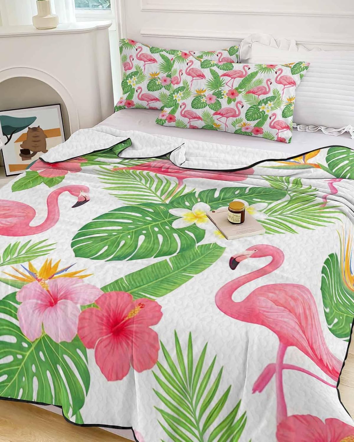 King Size Quilt Set, Cute Flamingo Tropical Leaves Lightweight Bedspread Coverlet Set Soft Microfiber Summer Quilt with 2 Pillow Shams, Summer Wild Flower 3 Piece Comforter Bedding Set