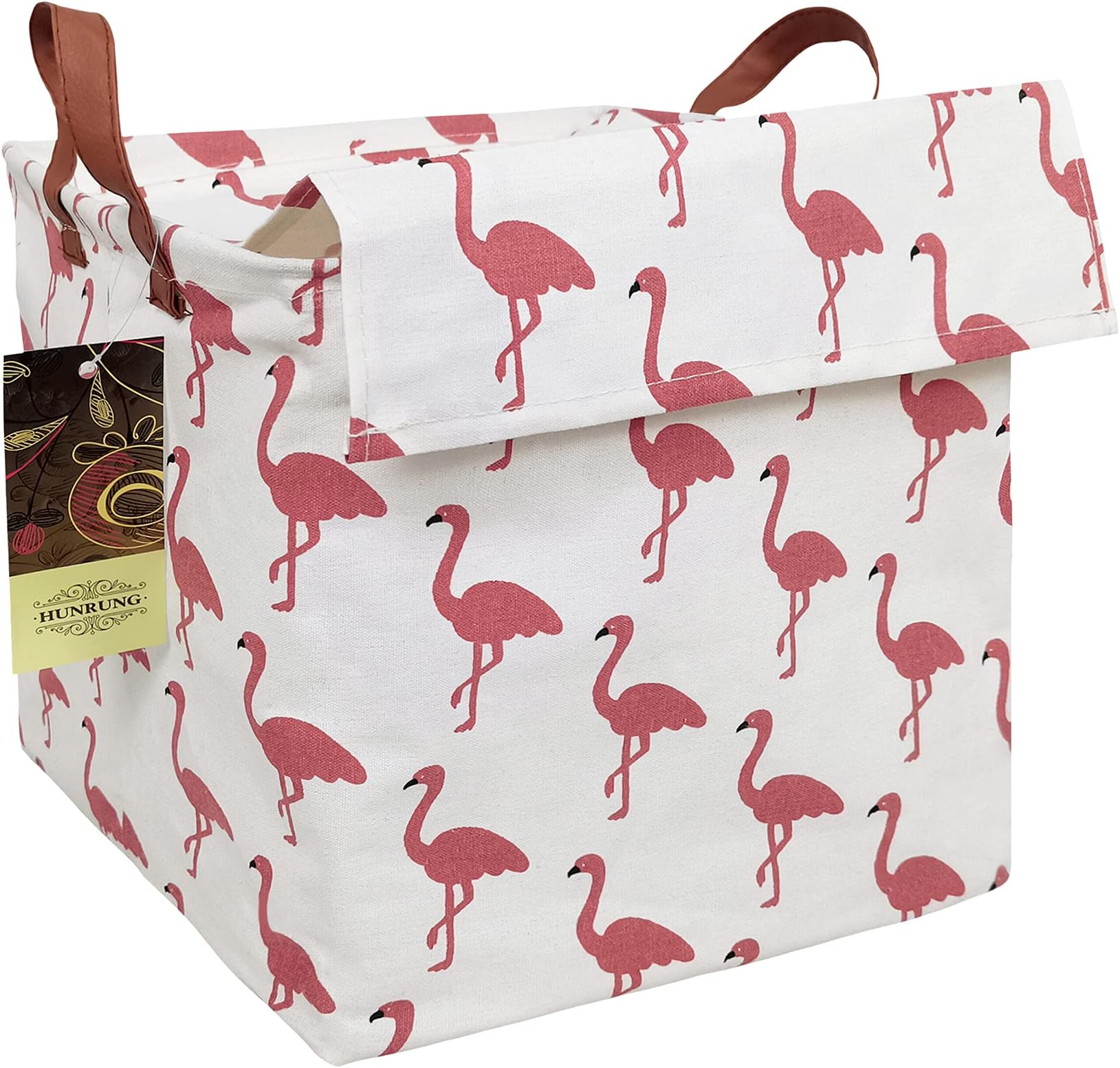 HUNRUNGStorage Boxes with Lids Rectangle/Square Storage Bins，Storage Basket Cute Canvas Organizer Bin for Pet/Children Toys, Books, Clothes Perfect for Rooms（Square-Pink Flamingos-with lid）