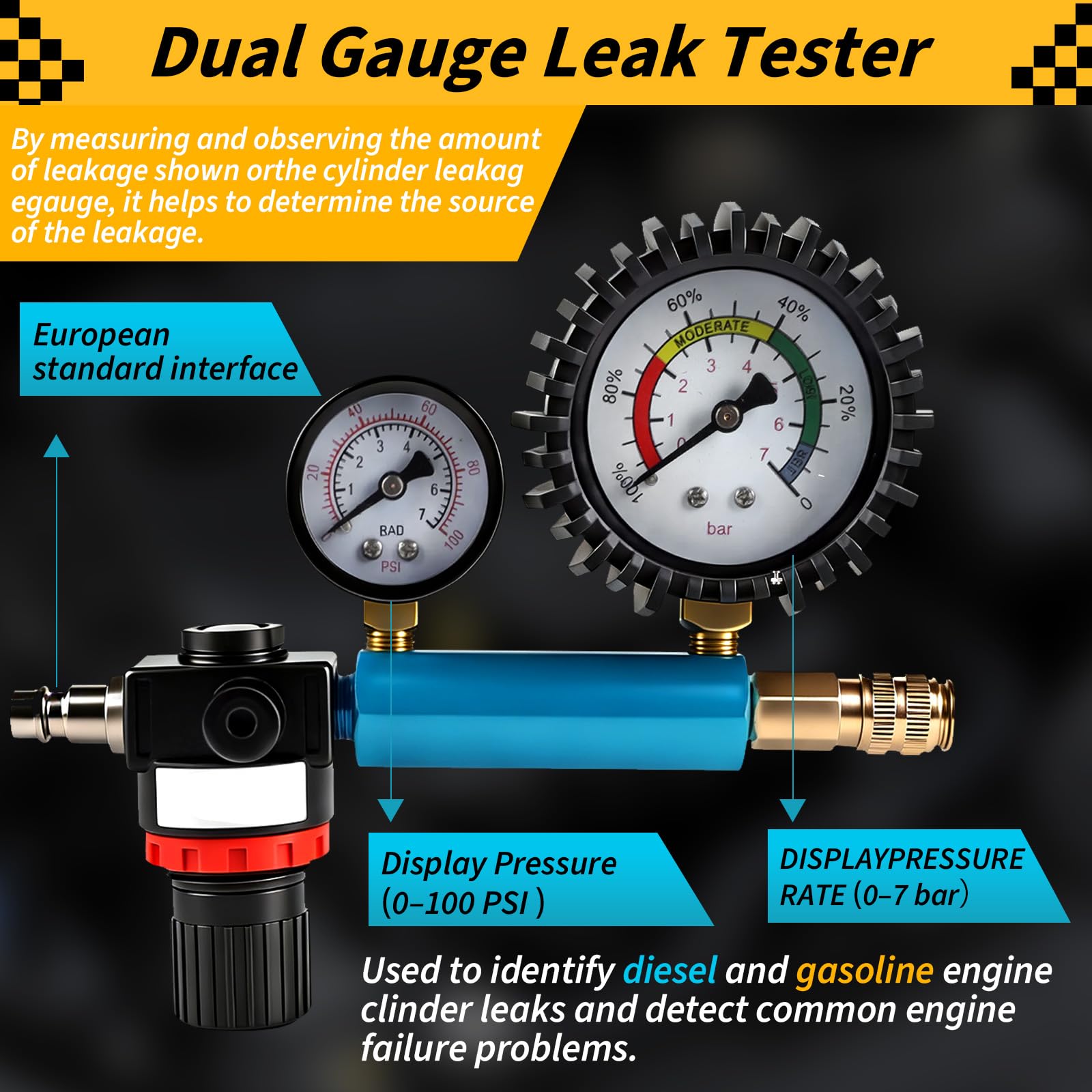 CPROSP 46 Piezas Tester de Compresión y Pérdida de Presión (0-50 Bar / 0-7 Bar), Comprobador de Compresión para Motor de Gasolina/Diésel, Compatible HDI, TDCi, para Coches, Camiones, Autobuses, Motos