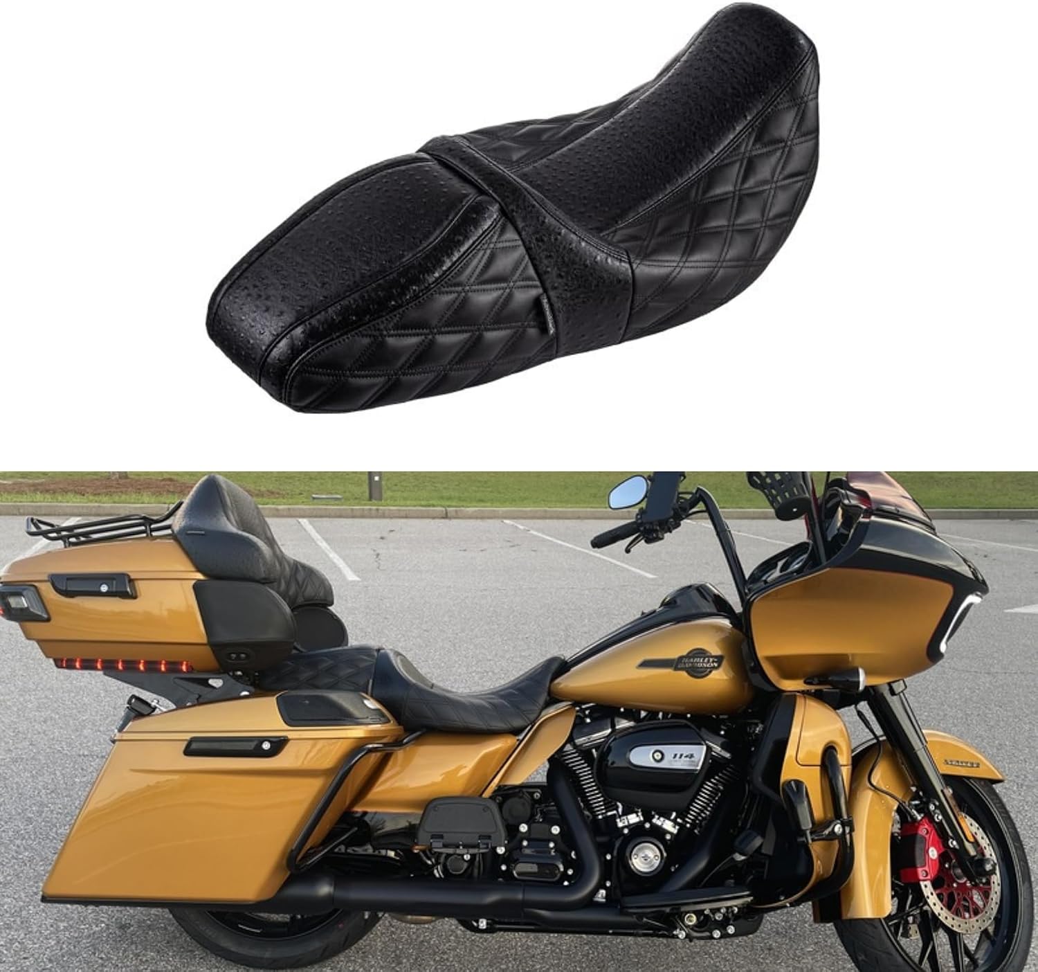 AdvanBlack Harley Touring Seat By SIK Baggers - For '09-'23 Road King, Street Glide, Electra Glide, G-el-L-ab Cushion, Green Stitching - View #5