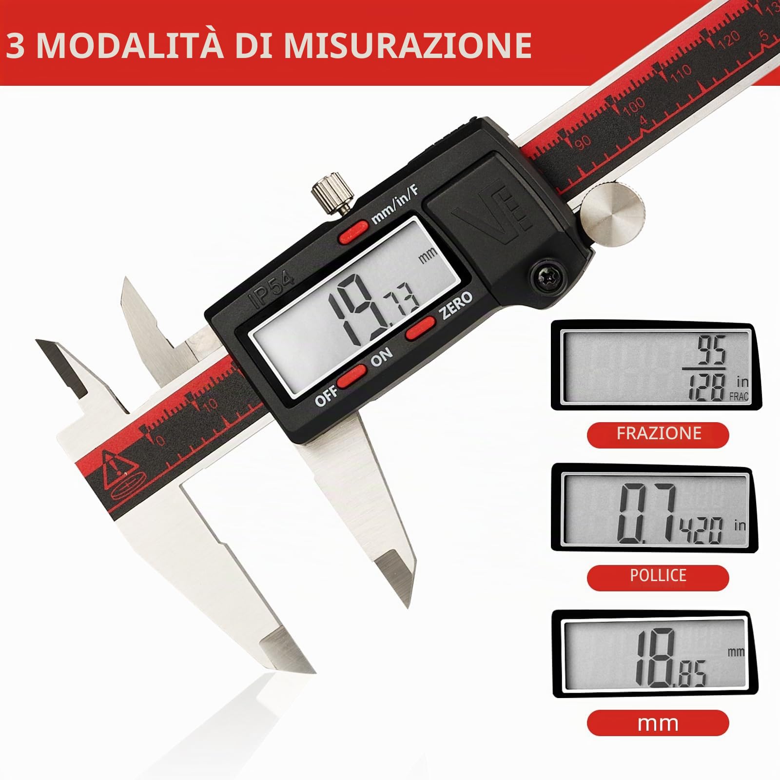 VINCA DCLA-0605 Electronic Digital Caliper Inch/Metric/Fractions Conversion 0-6 pollici/150 mm Stainless Steel Body Red/Black Extra Large LCD Screen Auto Off Featured Measuring Tool by Vinca