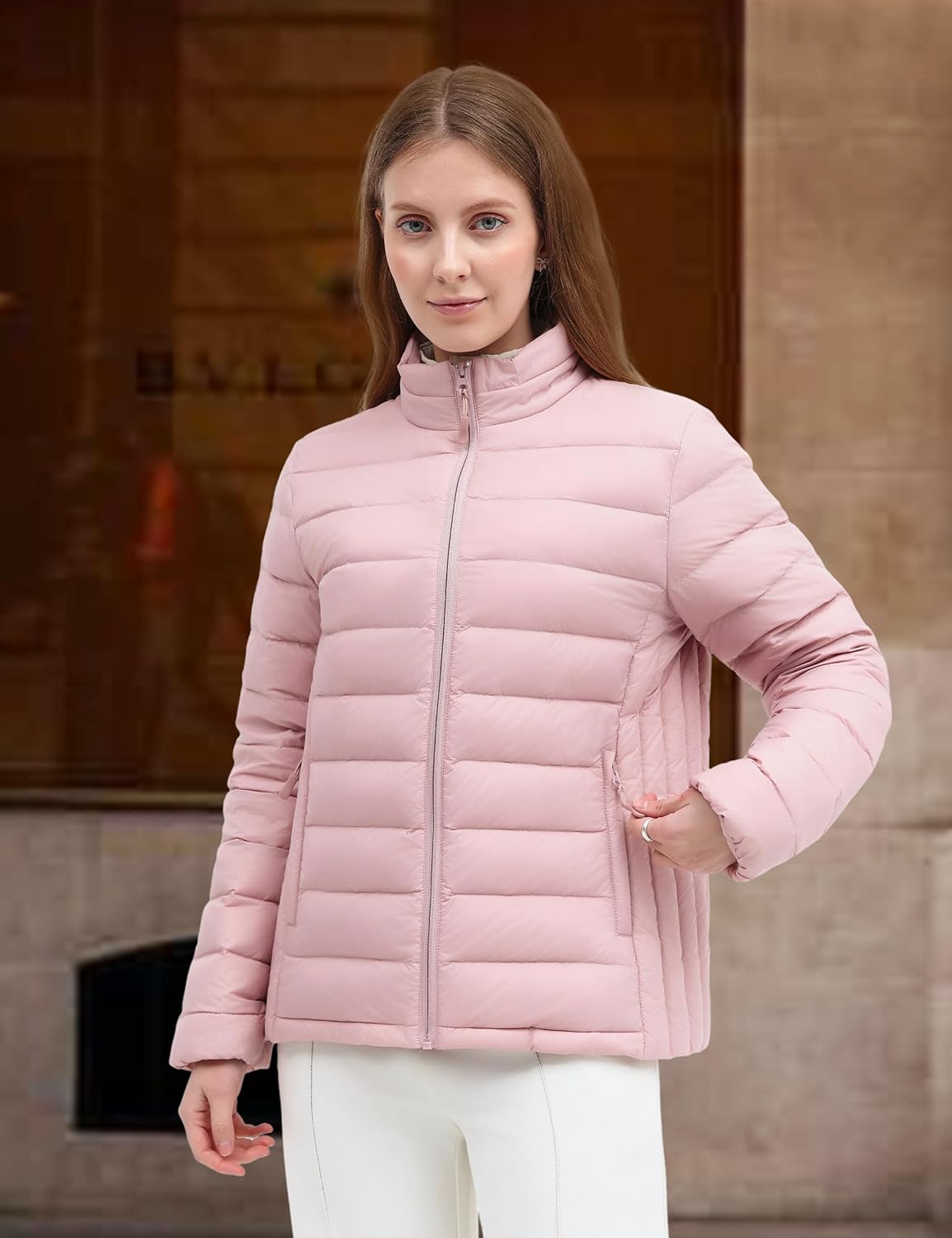 Packable Puffer Jacket Women Lightweight Stand-collar Full Zip Quilted Padded Water-Resistant Winter Fleece Coat