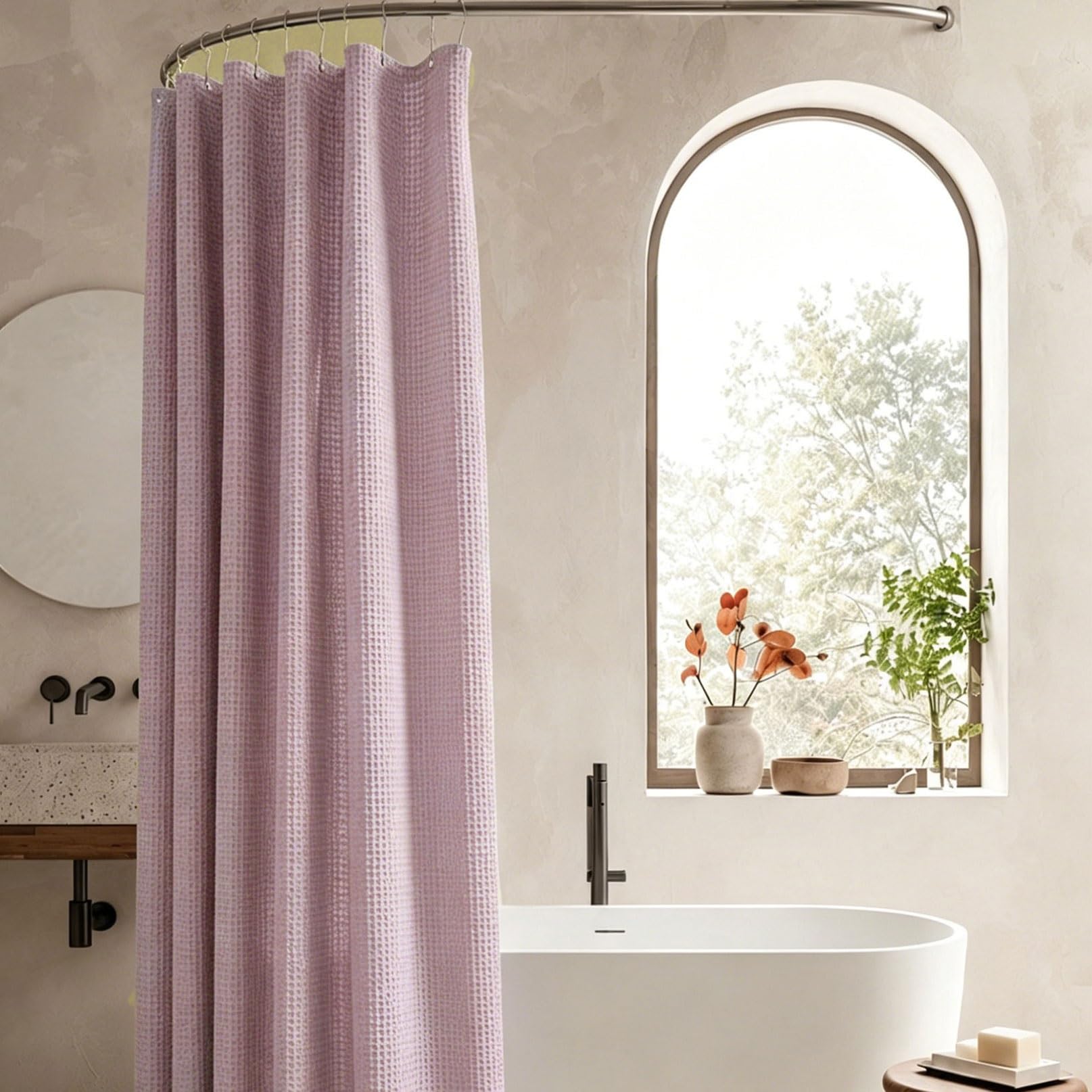 RCYONGQ Shower Curtain Mould and Mildew Resistant, Polyester, Waffle Bathtub Curtains Includes 12 Pcs Curtain Hooks, Quick-Drying, 230g/㎡ for Bathroom Wet Room Tub(Pink,180x180cm)