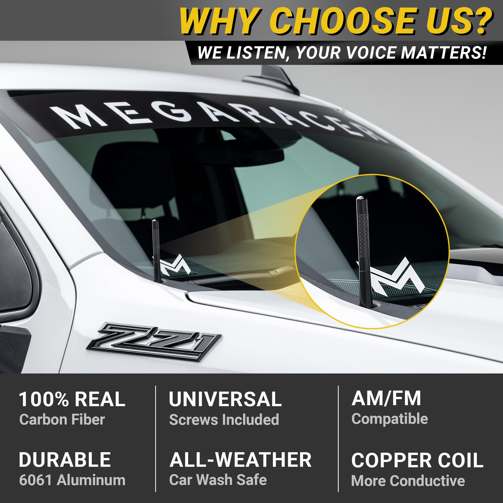 Antenne Voiture Courte En Aluminium De Fibre Carbone Polie Vis