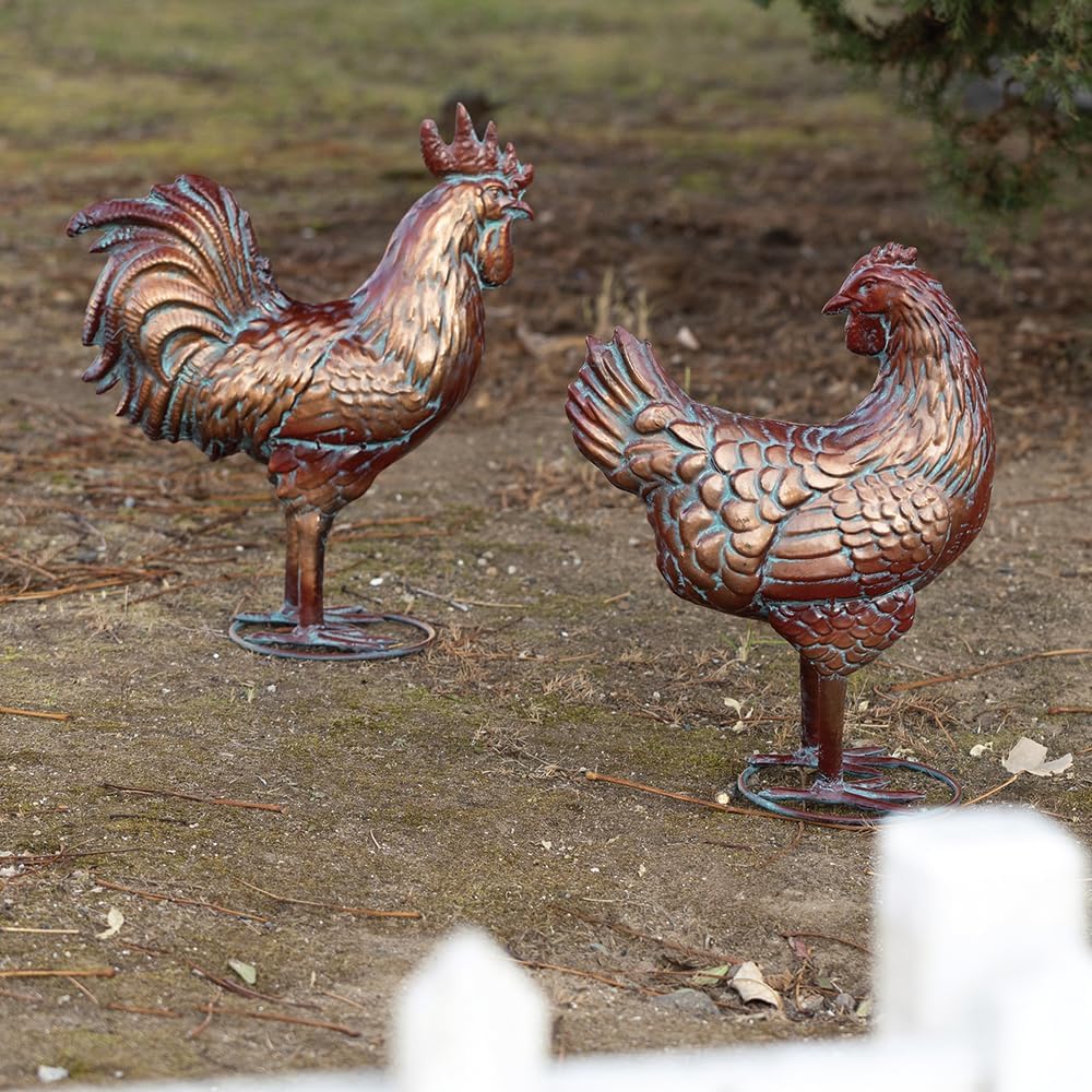 Metal Chicken Decor for Yard and Garden Large Rooster & Hen Garden Statues & Sculptures Antique Copper Outdoor Chickens Yard Art for Backyard Patio Lawn Home Kitchen Farmhouse Decorations