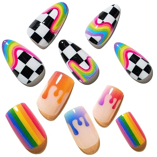 GLAMERMAID Press on Nails Medium Almond, Y2K Rainbow Oval Fake