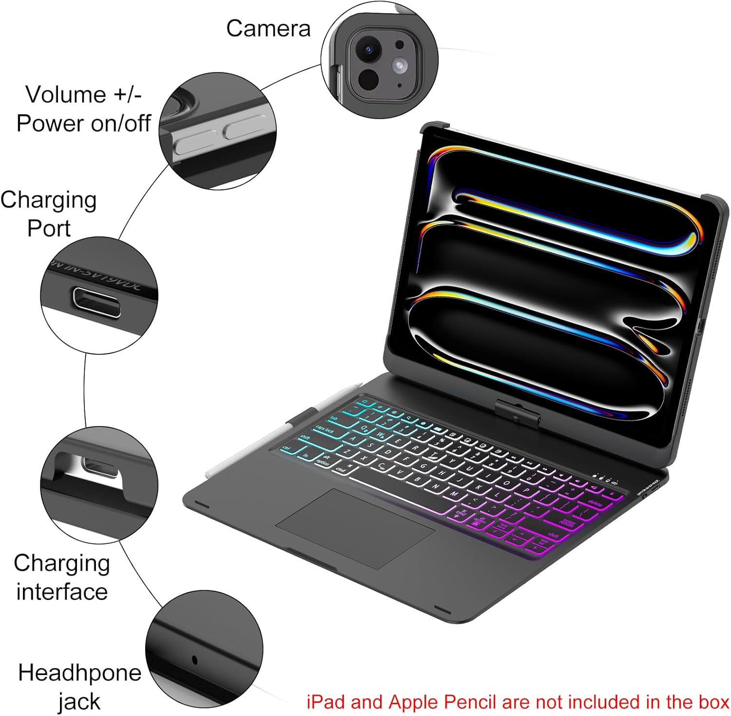 Close-up of the keyboard case showing the multitouch trackpad and the Fn + T key combination to turn it on or off.