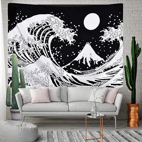 Miniatura 2 de Cestbin Kanagawa - Tapiz japonés de olas del océano, tapiz de la gran ola con tapices de luna, tapiz grande blanco y negro para sala de estar,