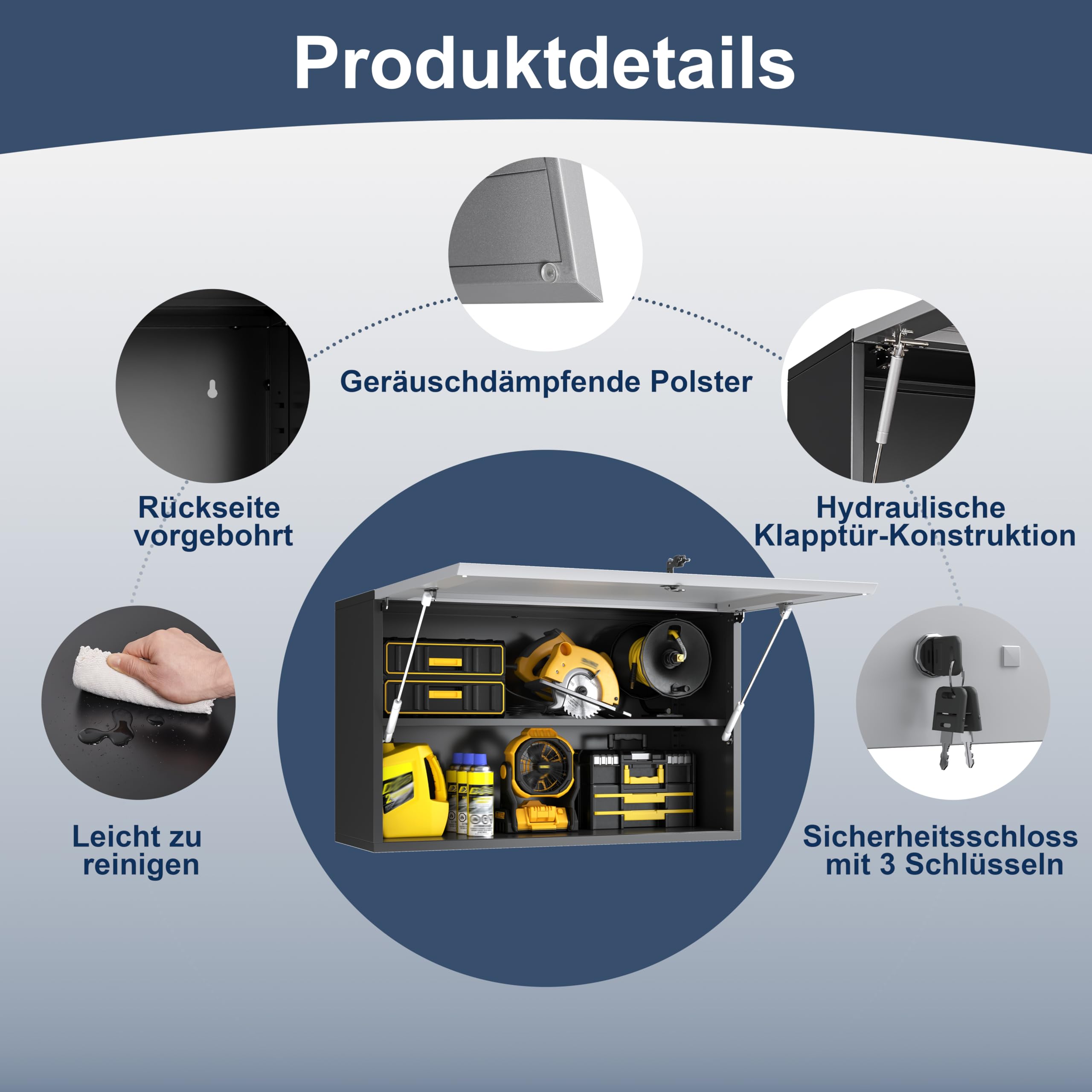 Werkzeugschrank Hängeschrank,Werkstattschrank Metall Wandschrank mit Abschließbar &Verstellbarem Regal Wandregal Stahlschrank für Garage,Werkstatt,Badezimmer,Küche 50x80x32cm(Grau)