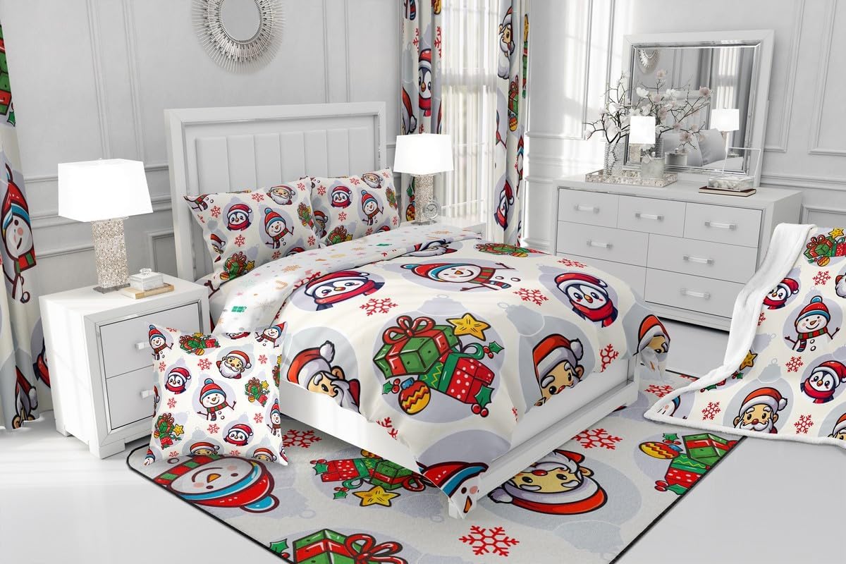 Merry Christmas Duvet Cover Set Toddler Size,Cartoon Santa Claus Penguin Snowflakes Reversible Quilt Cover for Kids Girls Xmas White Snowflakes Print Beige Bedding Set with 1 Pillowcase,No Comforter