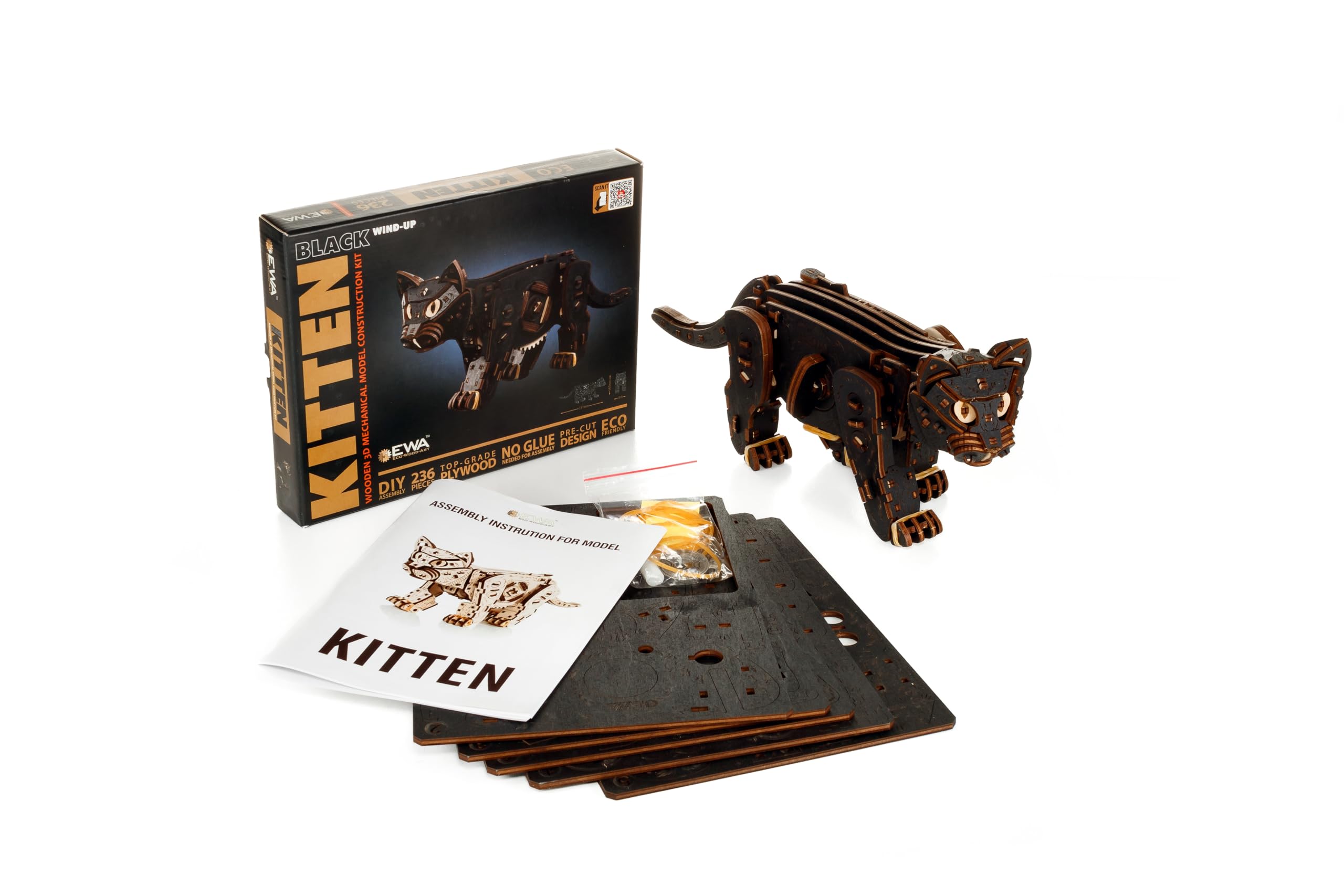 EWA Eco-Wood-Art Black Kitten – Kit Bois Mécanique Chat Kitten 3D Avec Moteur à Ressort, 236 Pièces