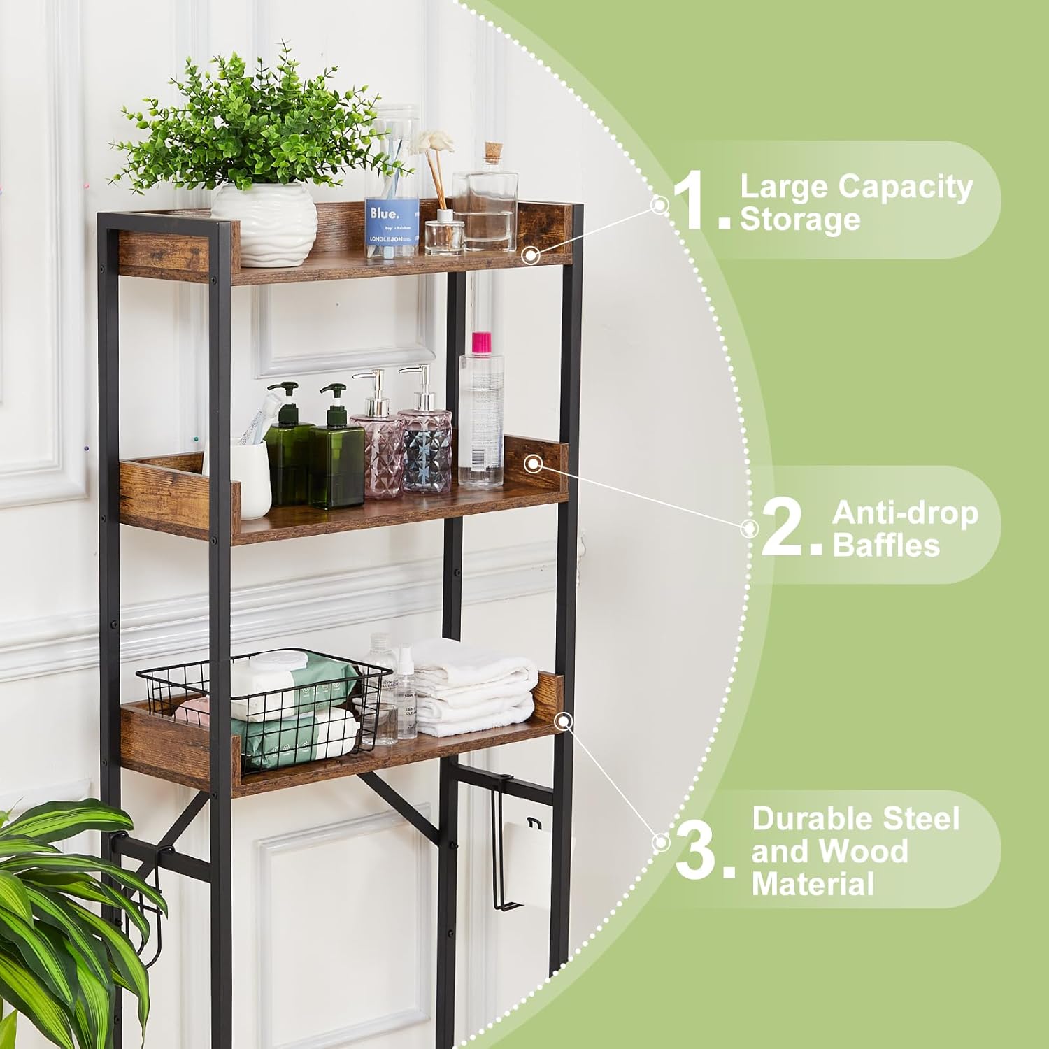 GAOMON Over The Toilet Storage, 3 Tier Bathroom Organizer Shelf, Bathroom Organizer, Freestanding Space Saver with Toilet Paper Holder, Multifunctional Over The Toilet Rack, Vintage